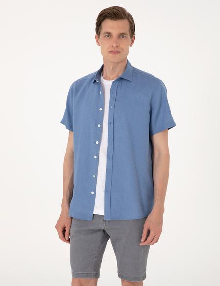 Mavi %100 Keten Regular Fit Kısa Kollu Gömlek - 50305680010