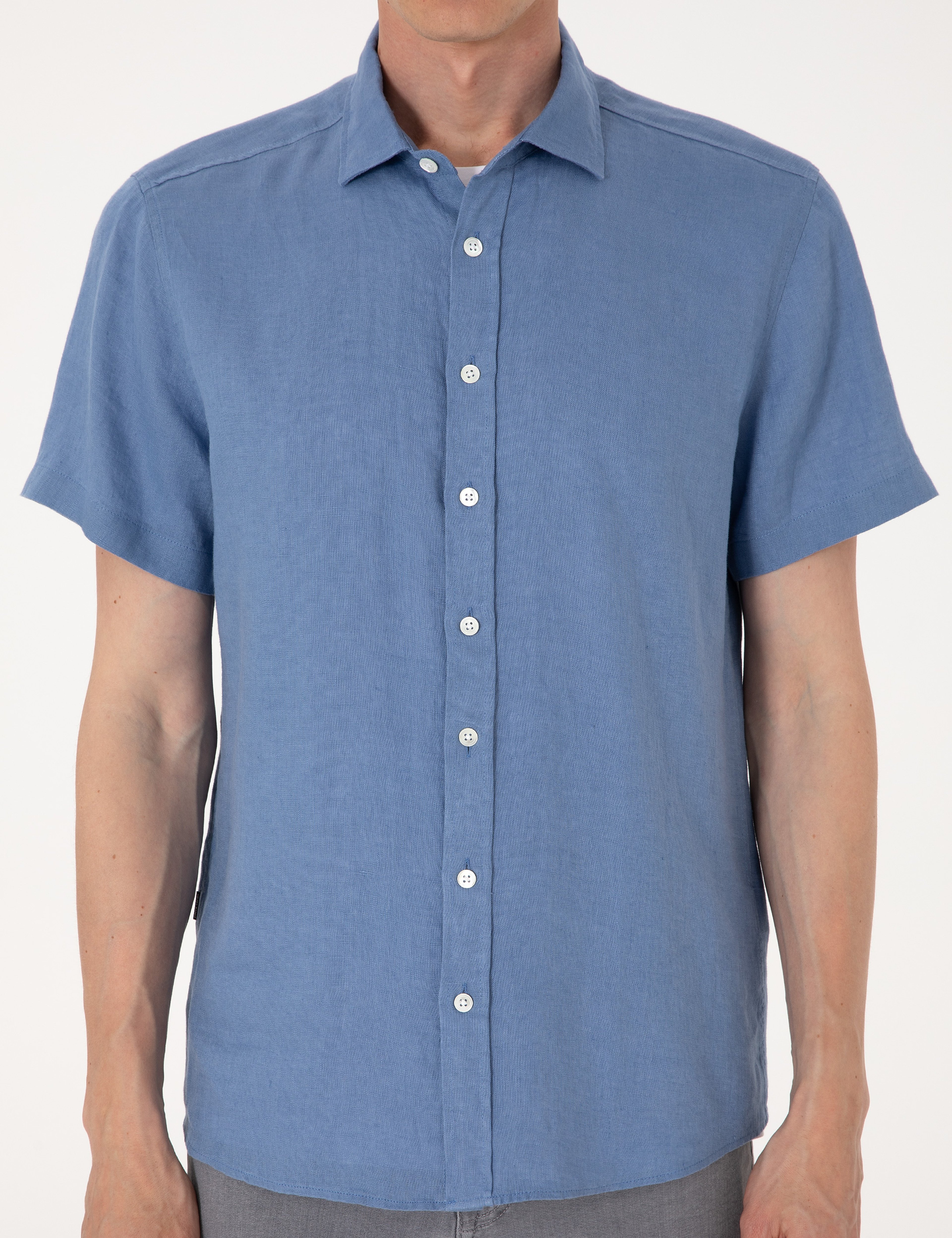 Mavi %100 Keten Regular Fit Kısa Kollu Gömlek - Image 6
