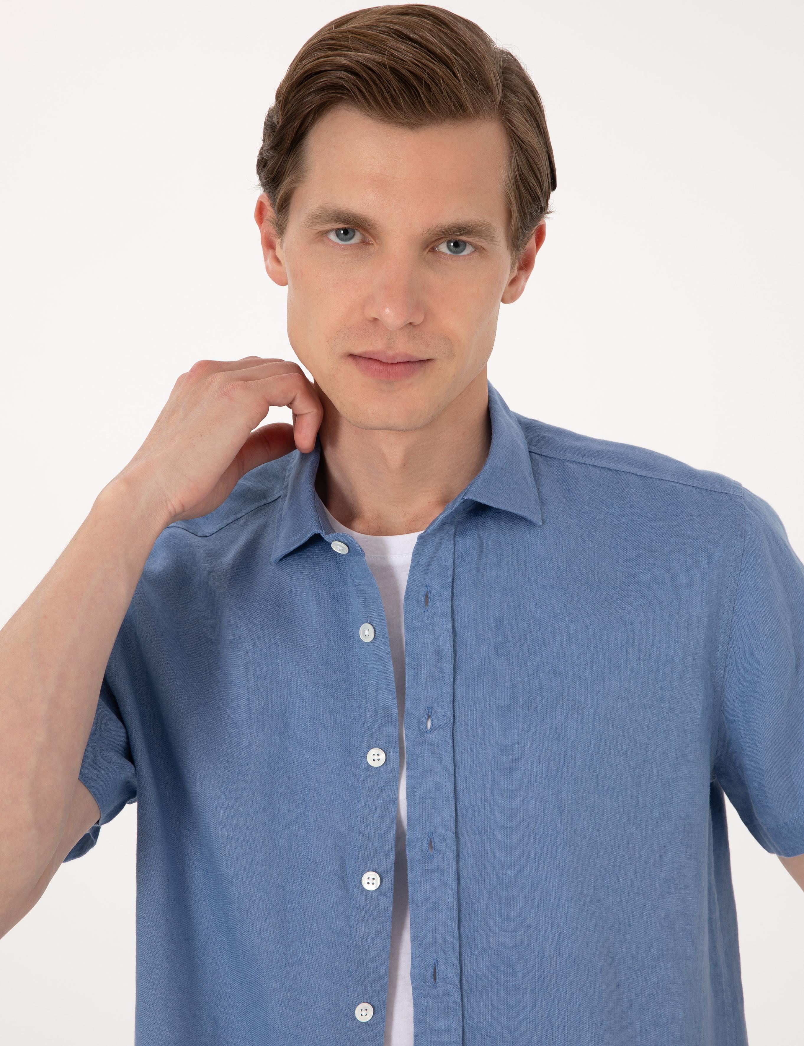 Mavi %100 Keten Regular Fit Kısa Kollu Gömlek