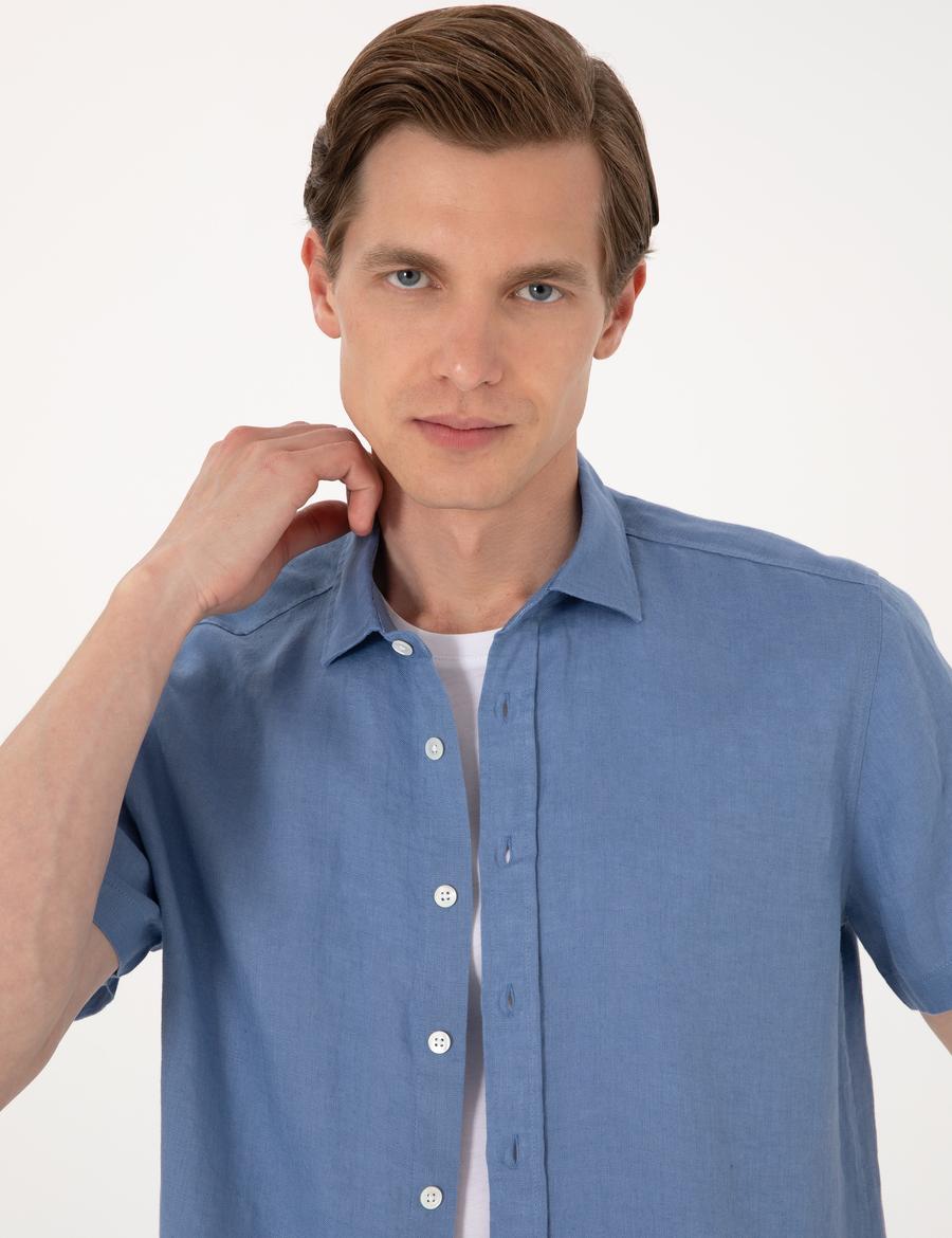 Mavi %100 Keten Regular Fit Kısa Kollu Gömlek