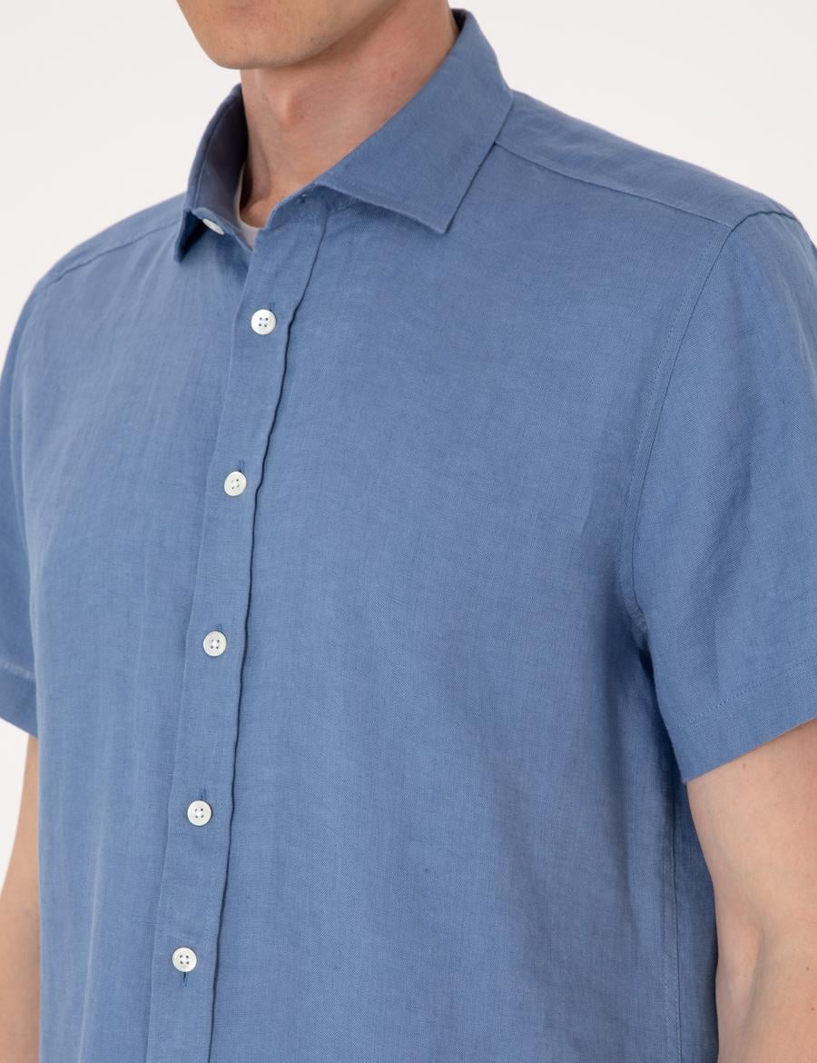 Mavi %100 Keten Regular Fit Kısa Kollu Gömlek