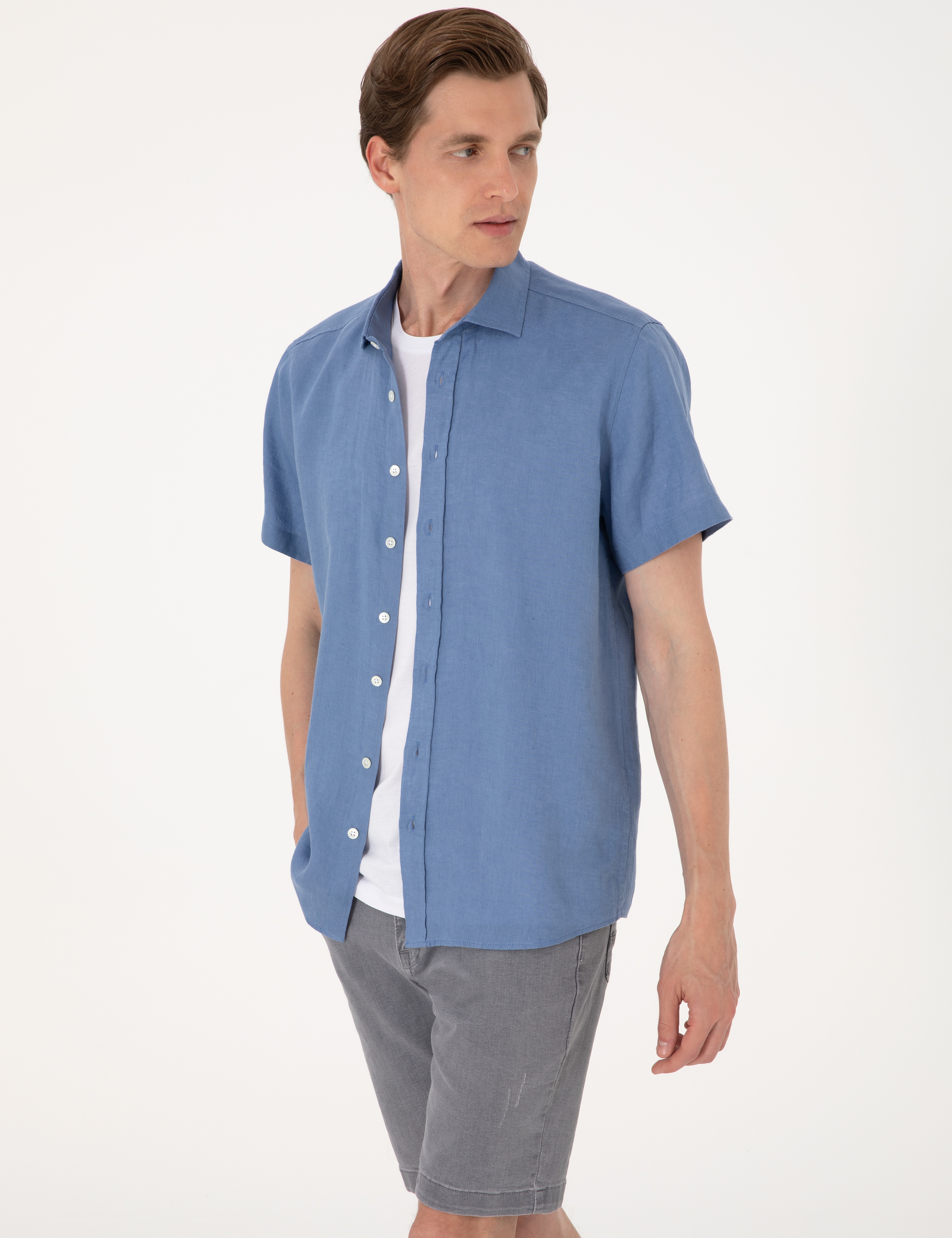 Mavi %100 Keten Regular Fit Kısa Kollu Gömlek - Image 3