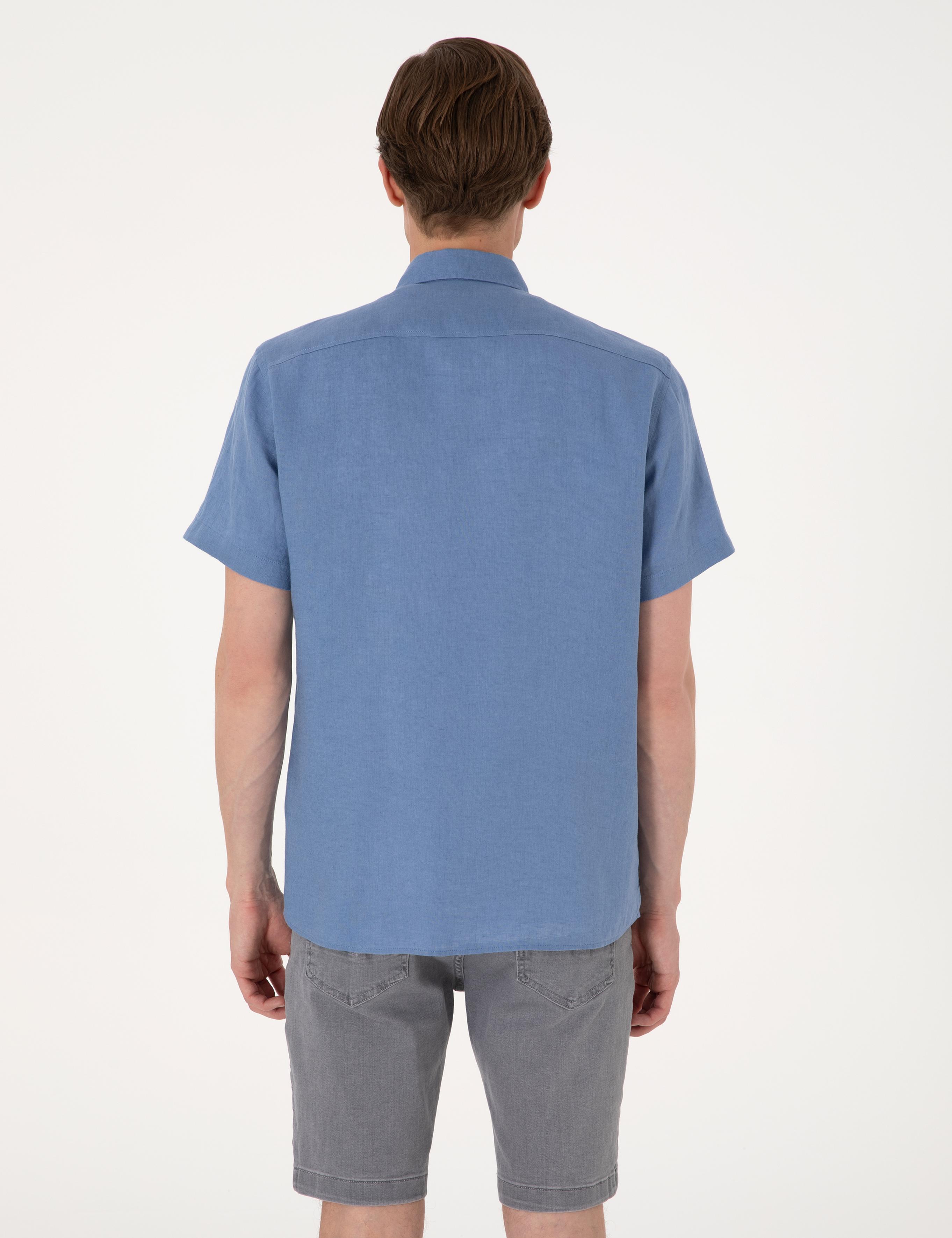Mavi %100 Keten Regular Fit Kısa Kollu Gömlek