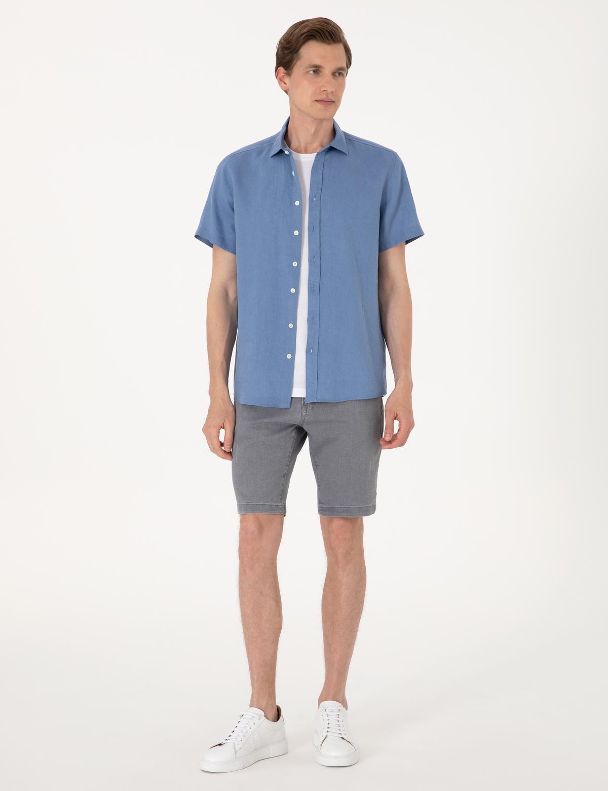 Mavi %100 Keten Regular Fit Kısa Kollu Gömlek - 50305680010