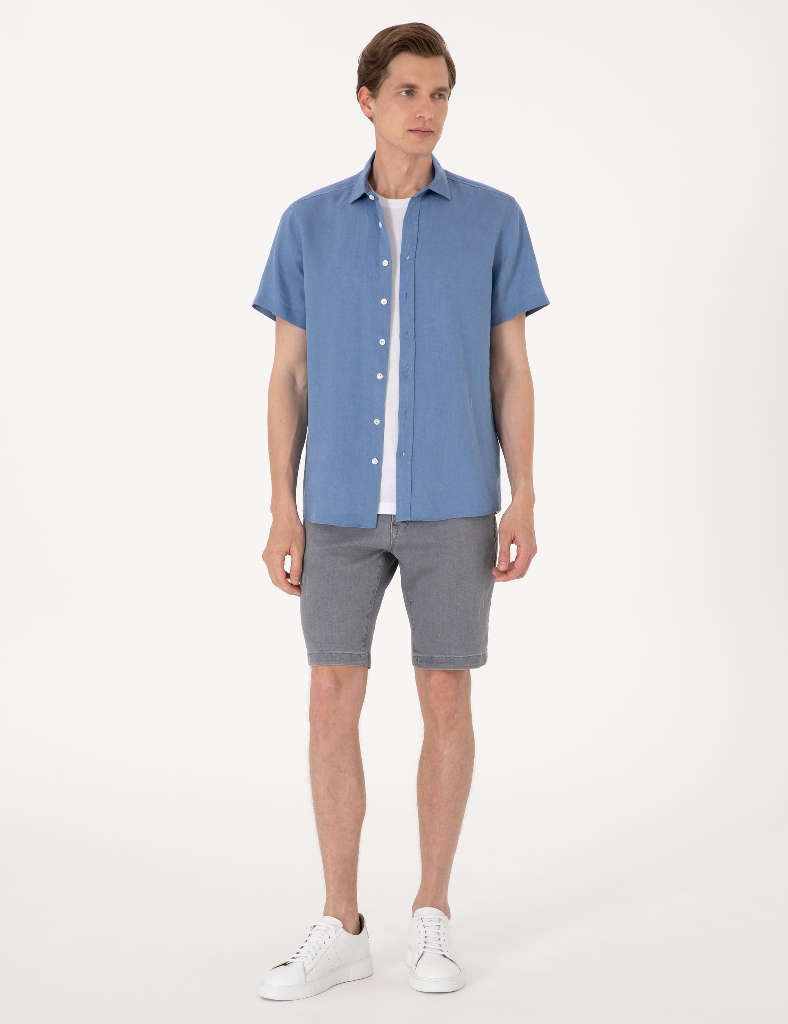 Mavi %100 Keten Regular Fit Kısa Kollu Gömlek