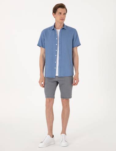 Mavi %100 Keten Regular Fit Kısa Kollu Gömlek