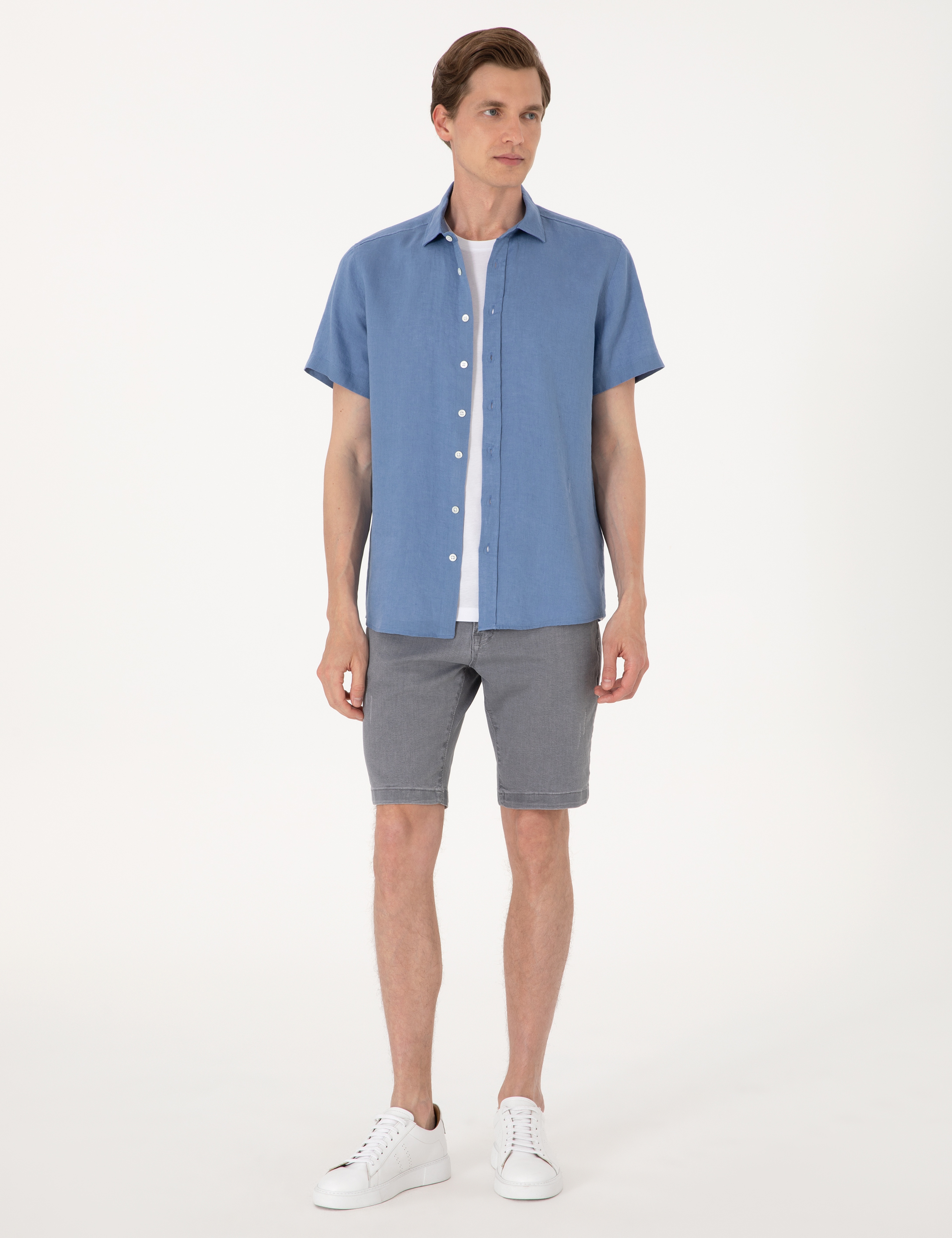 Mavi %100 Keten Regular Fit Kısa Kollu Gömlek - Image 4