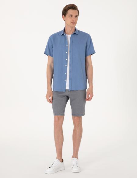 Mavi %100 Keten Regular Fit Kısa Kollu Gömlek - 50305680010