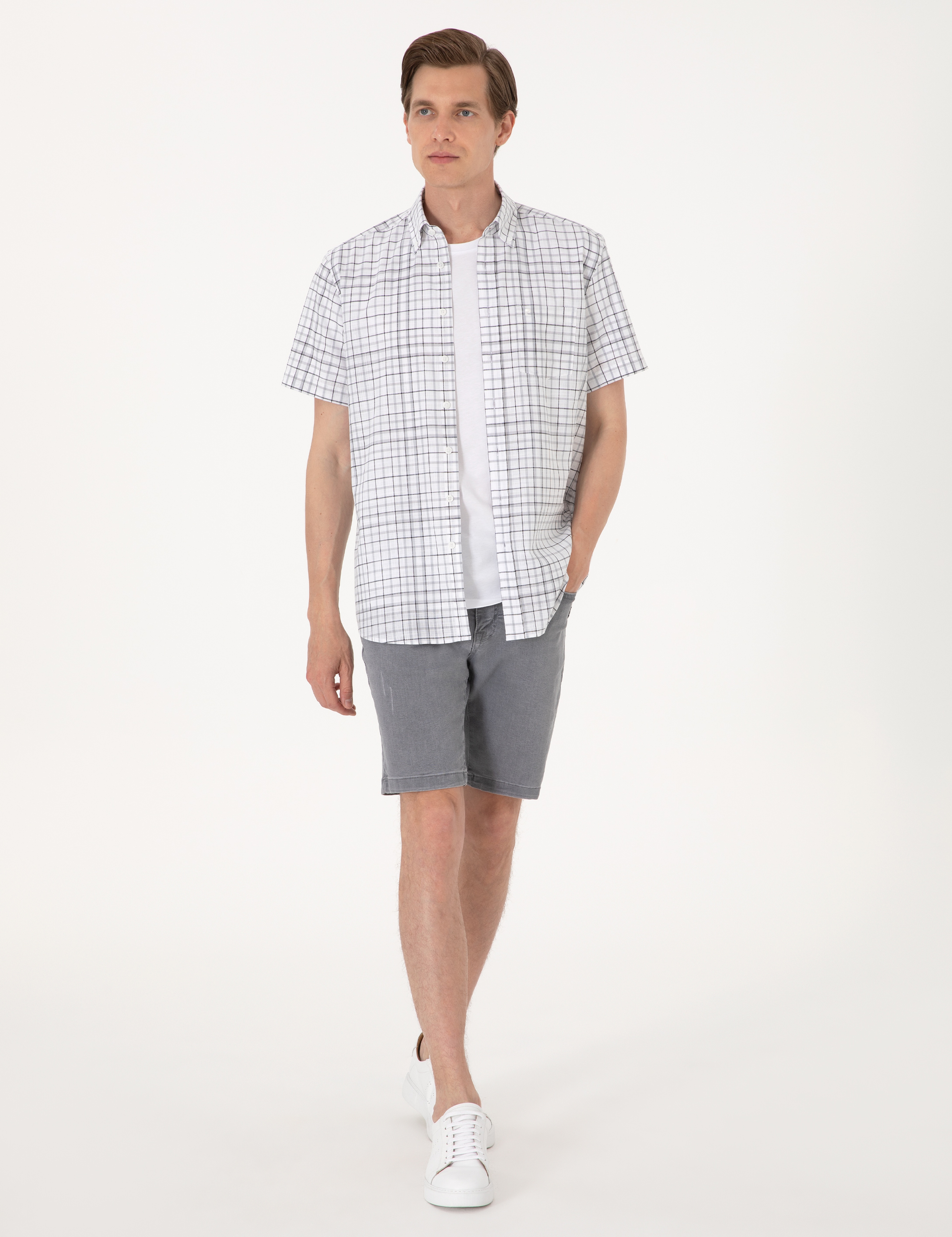 Gri Regular Fit Kısa Kollu Gömlek - Image 4