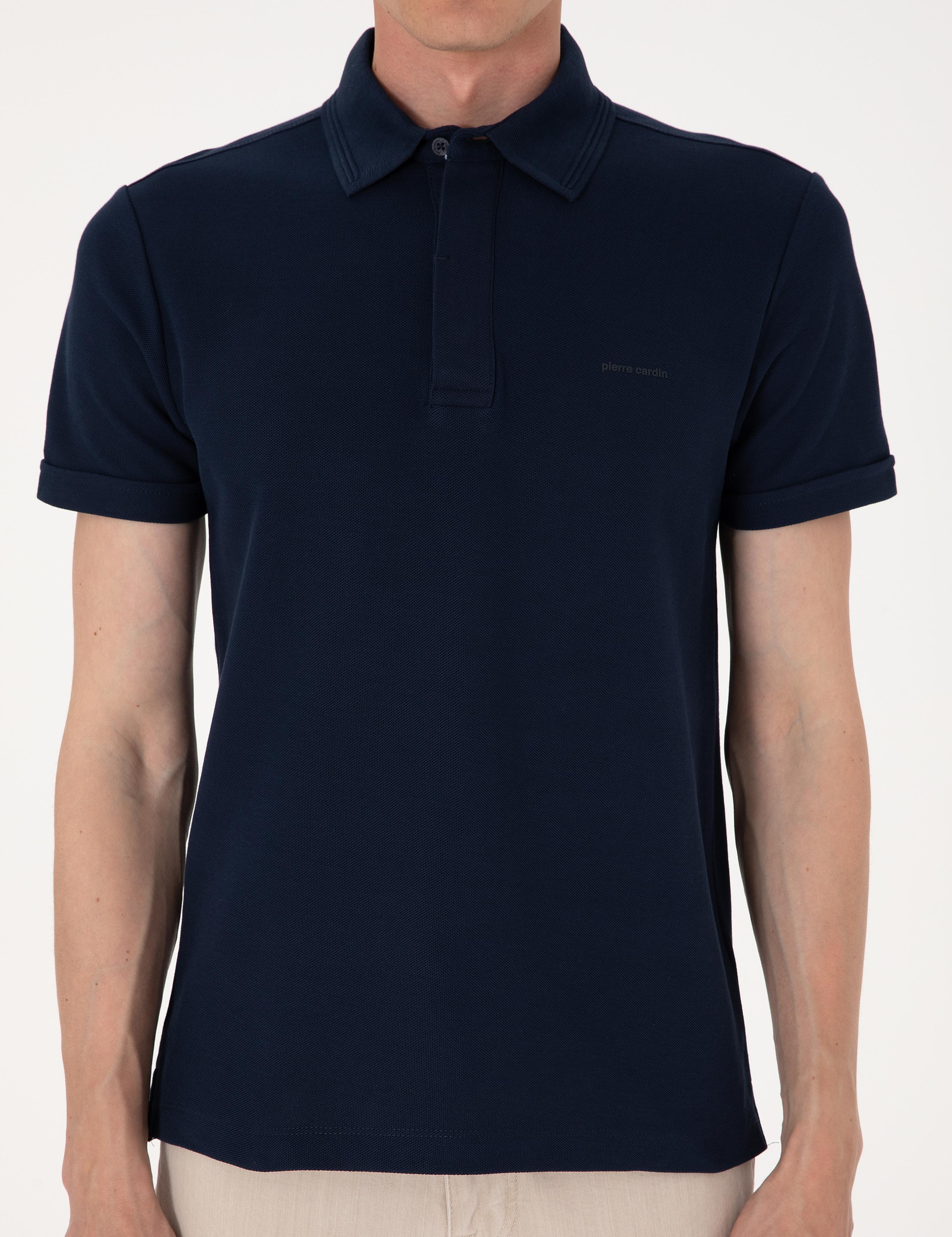 Lacivert Slim Fit %100 Pamuk Kıvrılmaz Amerikan Pike Polo Yaka Basic Tişört