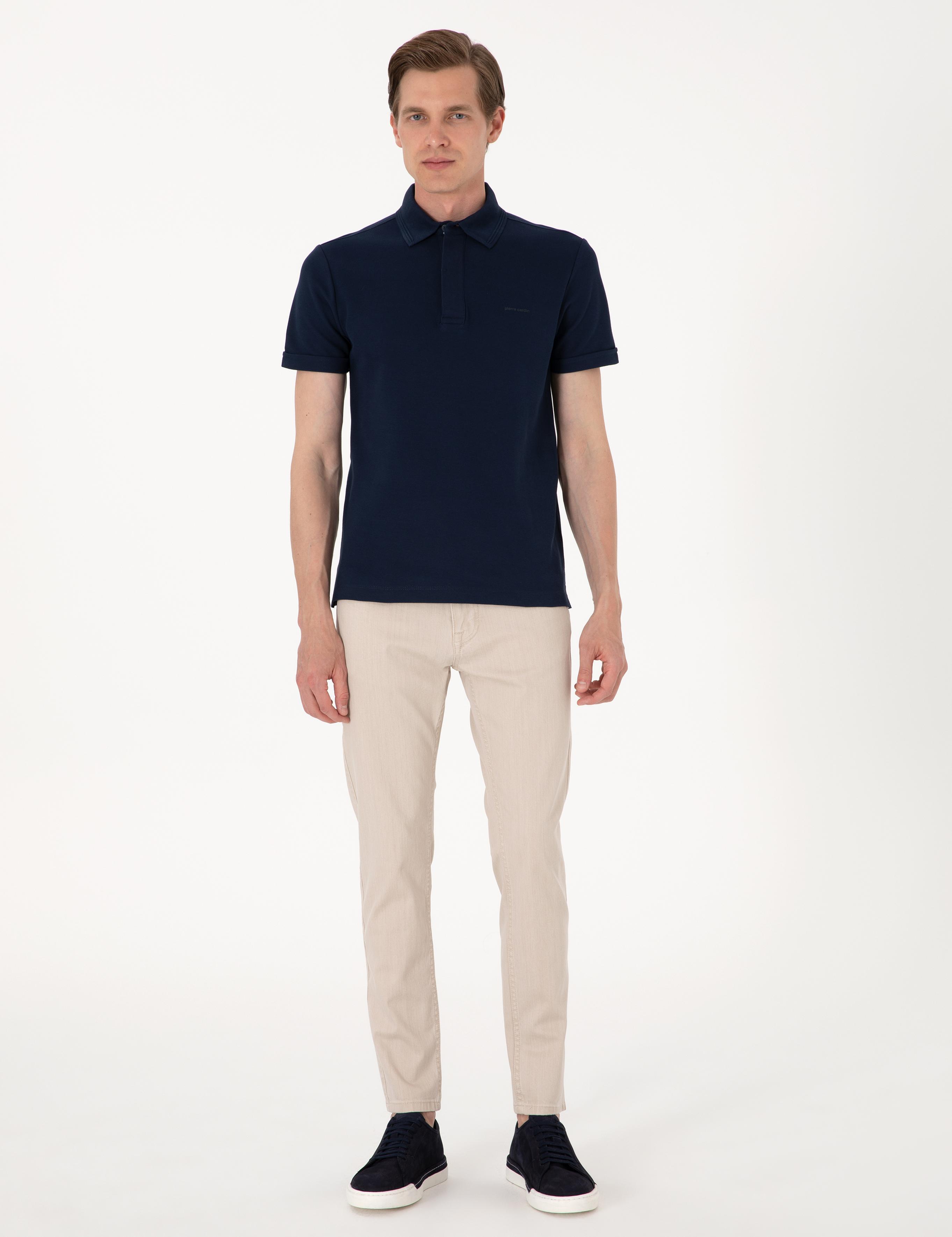 Lacivert Slim Fit %100 Pamuk Kıvrılmaz Amerikan Pike Polo Yaka Basic Tişört