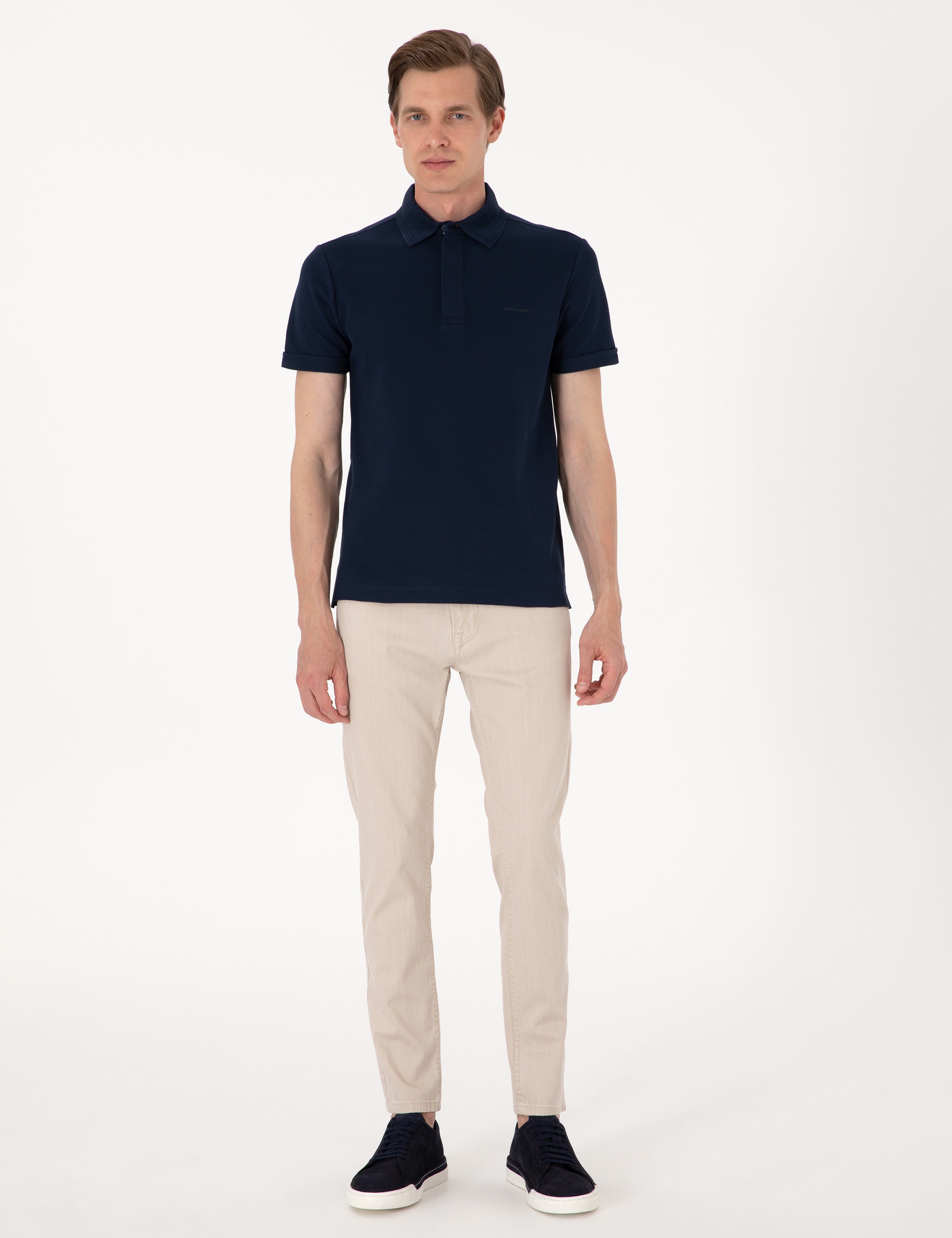 Lacivert Slim Fit %100 Pamuk Kıvrılmaz Amerikan Pike Polo Yaka Basic Tişört - Image 4