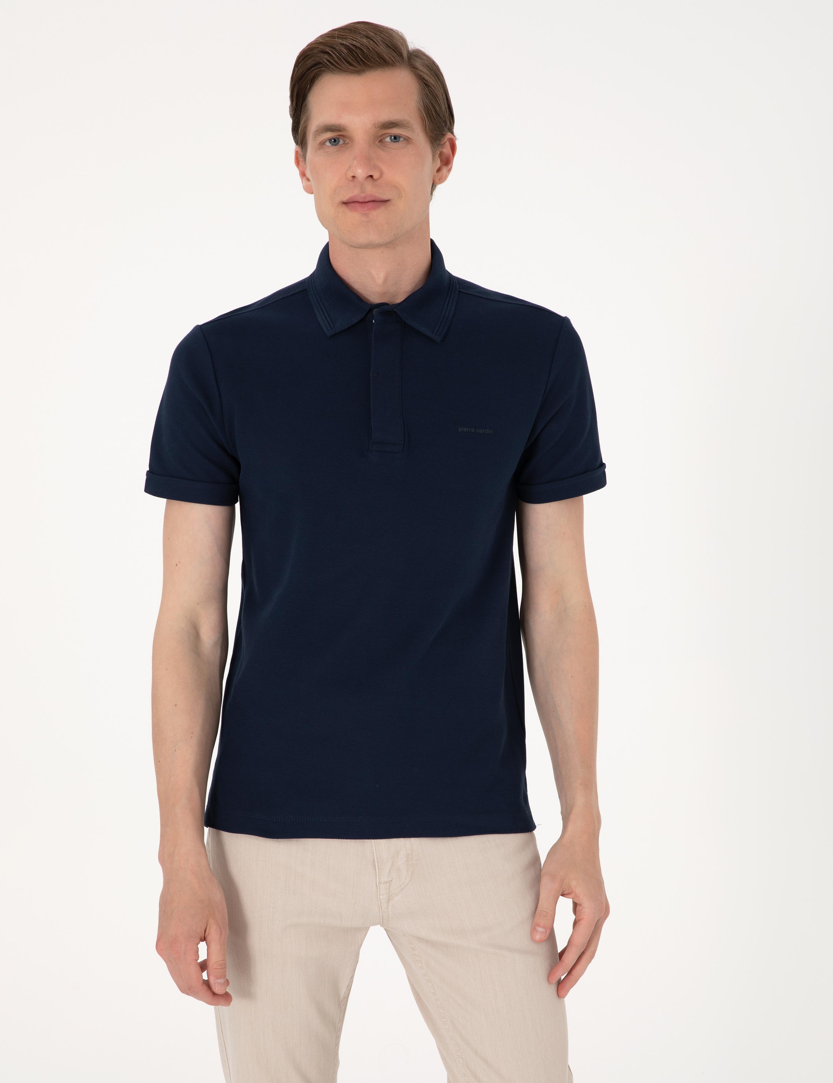 Lacivert Slim Fit %100 Pamuk Kıvrılmaz Amerikan Pike Polo Yaka Basic Tişört