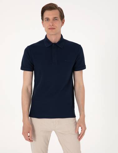 Lacivert Slim Fit %100 Pamuk Kıvrılmaz Amerikan Pike Polo Yaka Basic Tişört