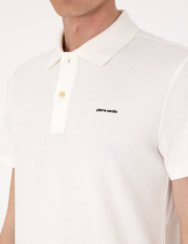 Ekru Slim Fit Örme Dokulu Polo Yaka Tişört
