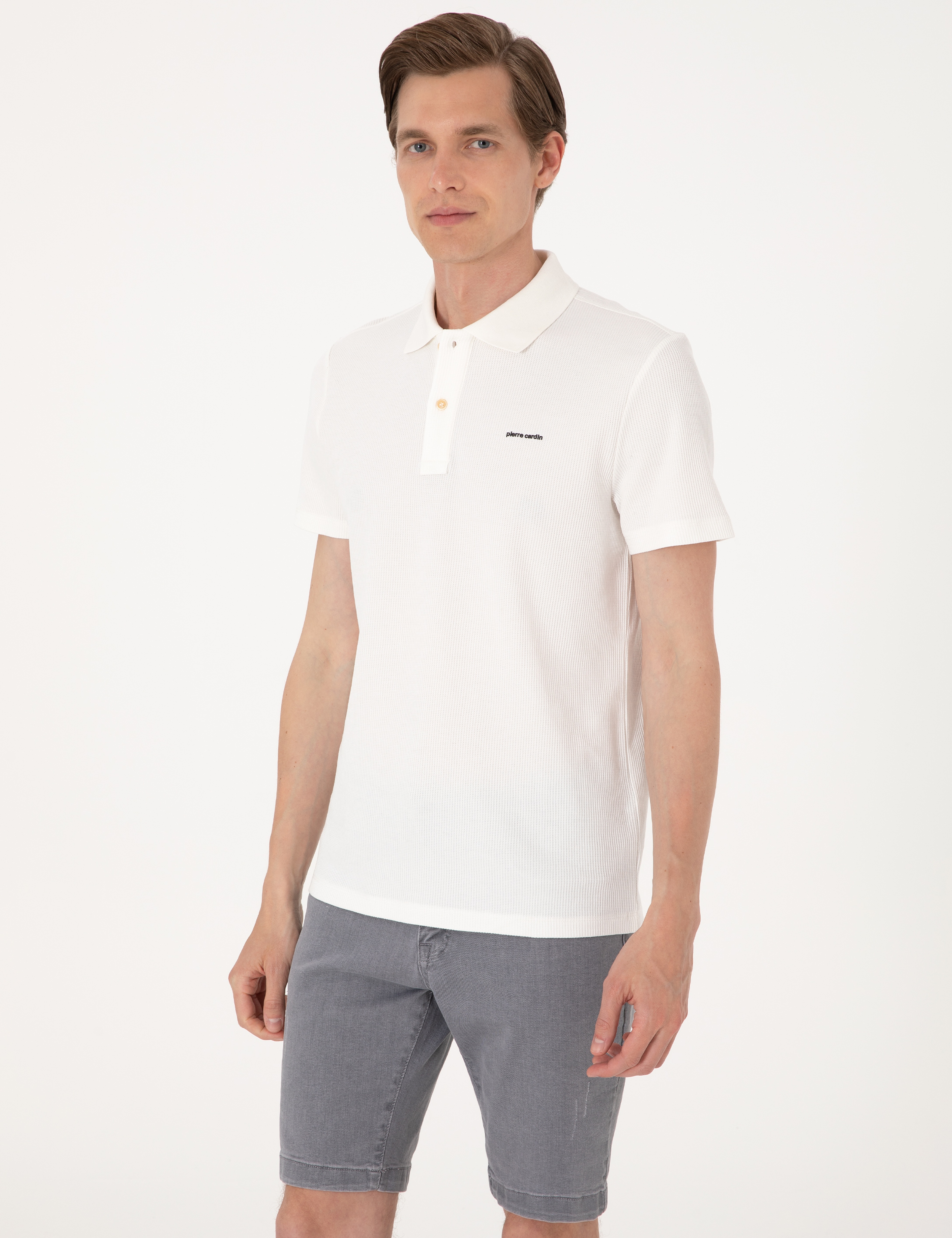 Ekru Slim Fit Örme Dokulu Polo Yaka Tişört