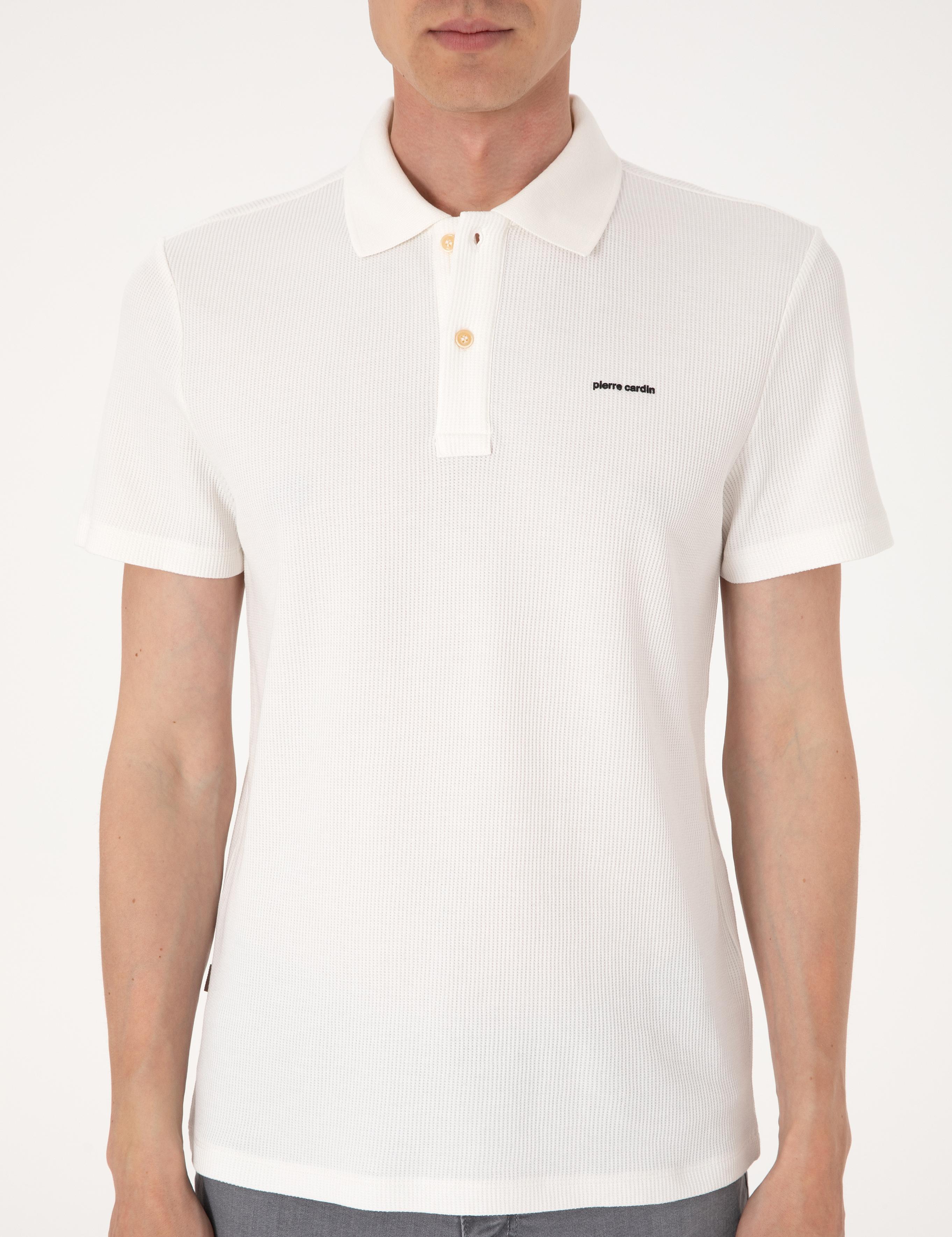 Ekru Slim Fit Örme Dokulu Polo Yaka Tişört