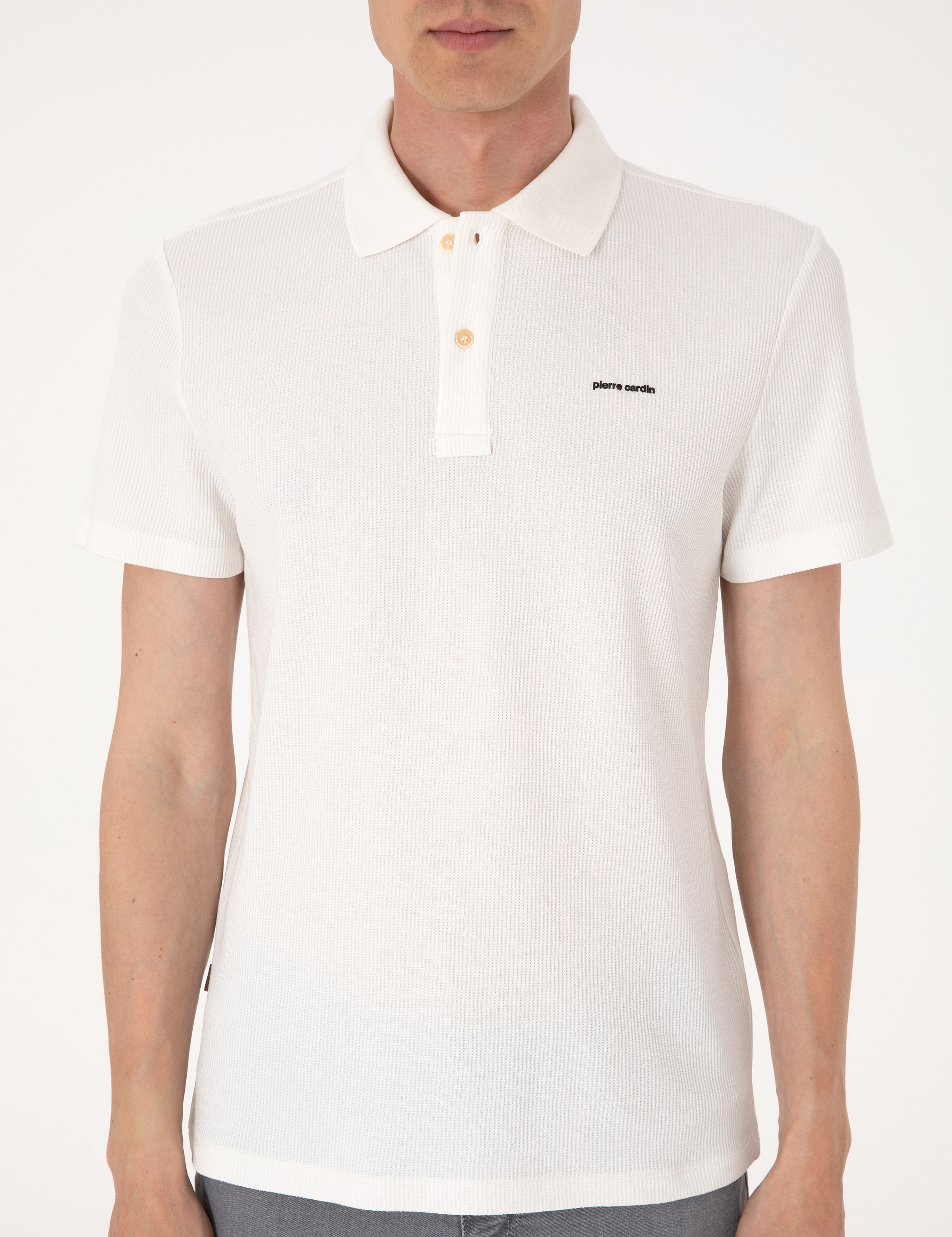 Ekru Slim Fit Örme Dokulu Polo Yaka Tişört - Image 6