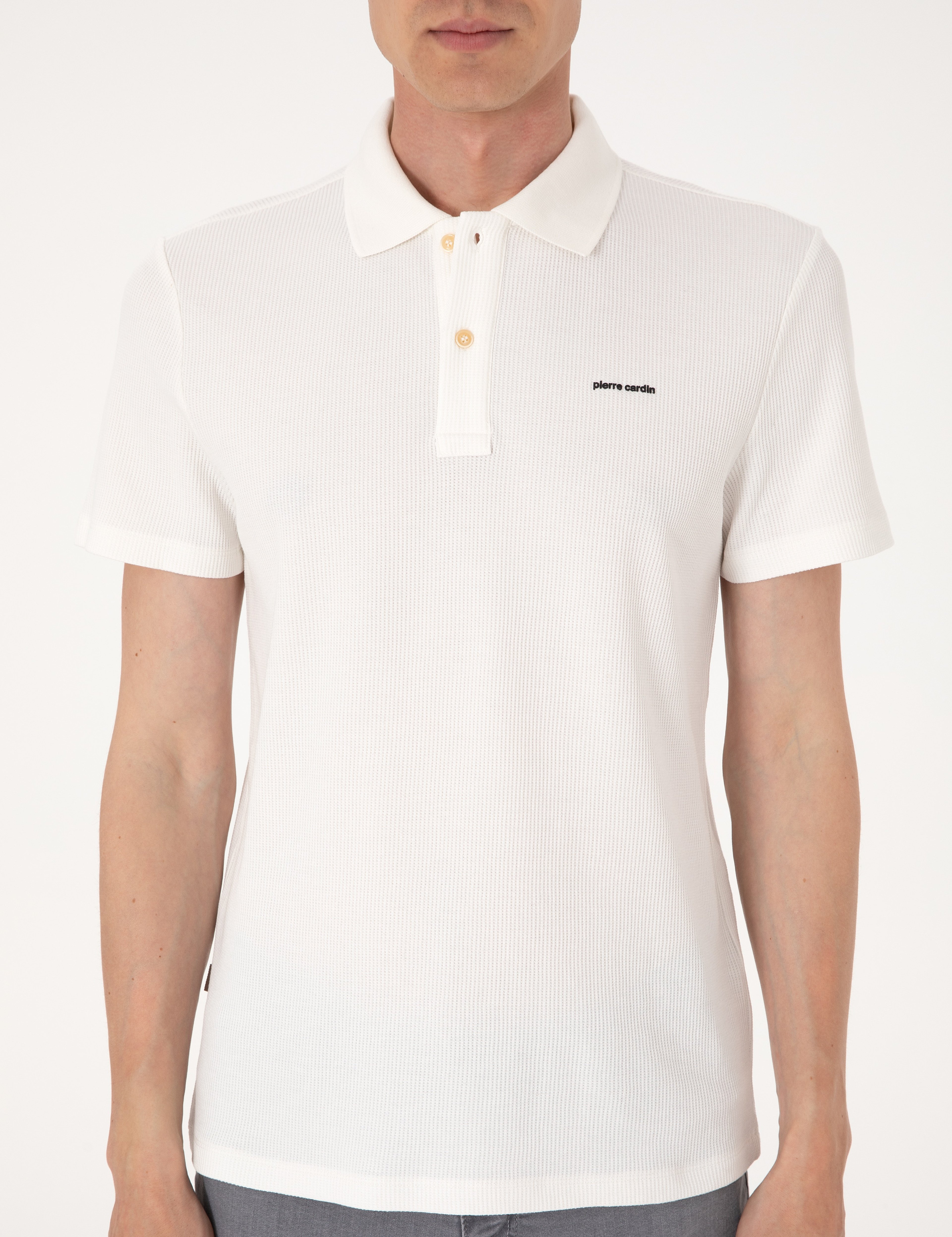 Ekru Slim Fit Örme Dokulu Polo Yaka Tişört
