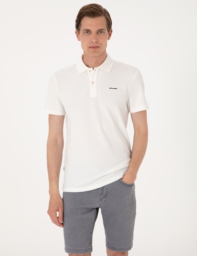 Ekru Slim Fit Örme Dokulu Düğmeli Polo Yaka Tişört