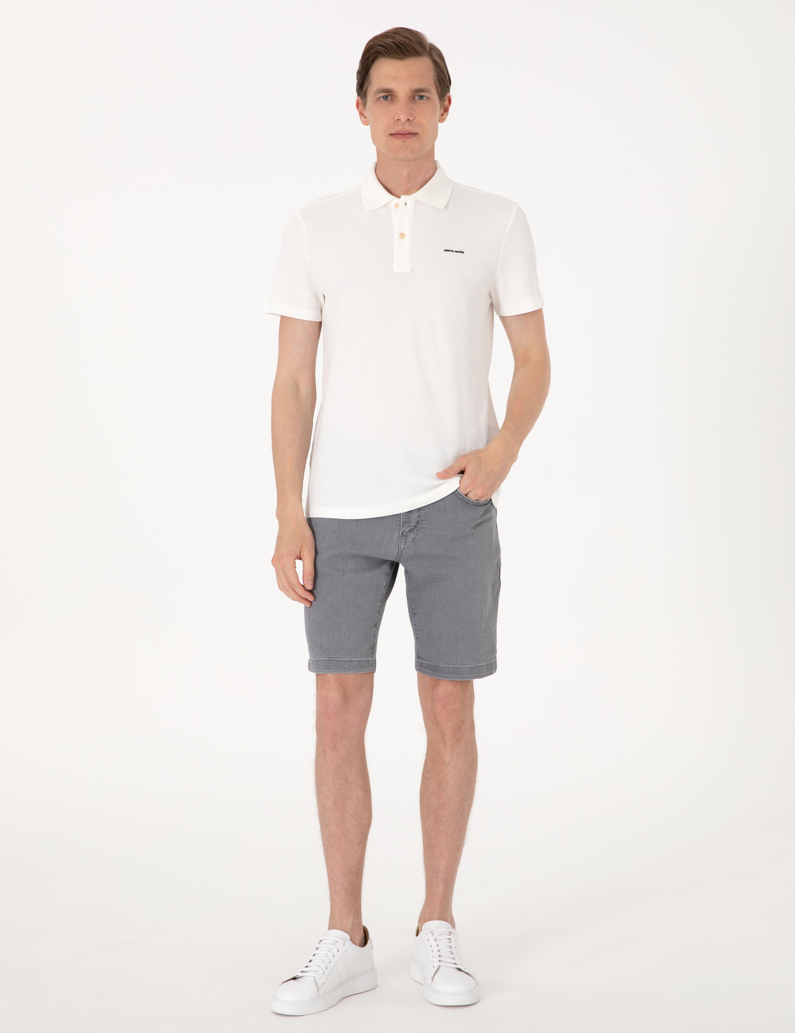 Ekru Slim Fit Örme Dokulu Polo Yaka Tişört