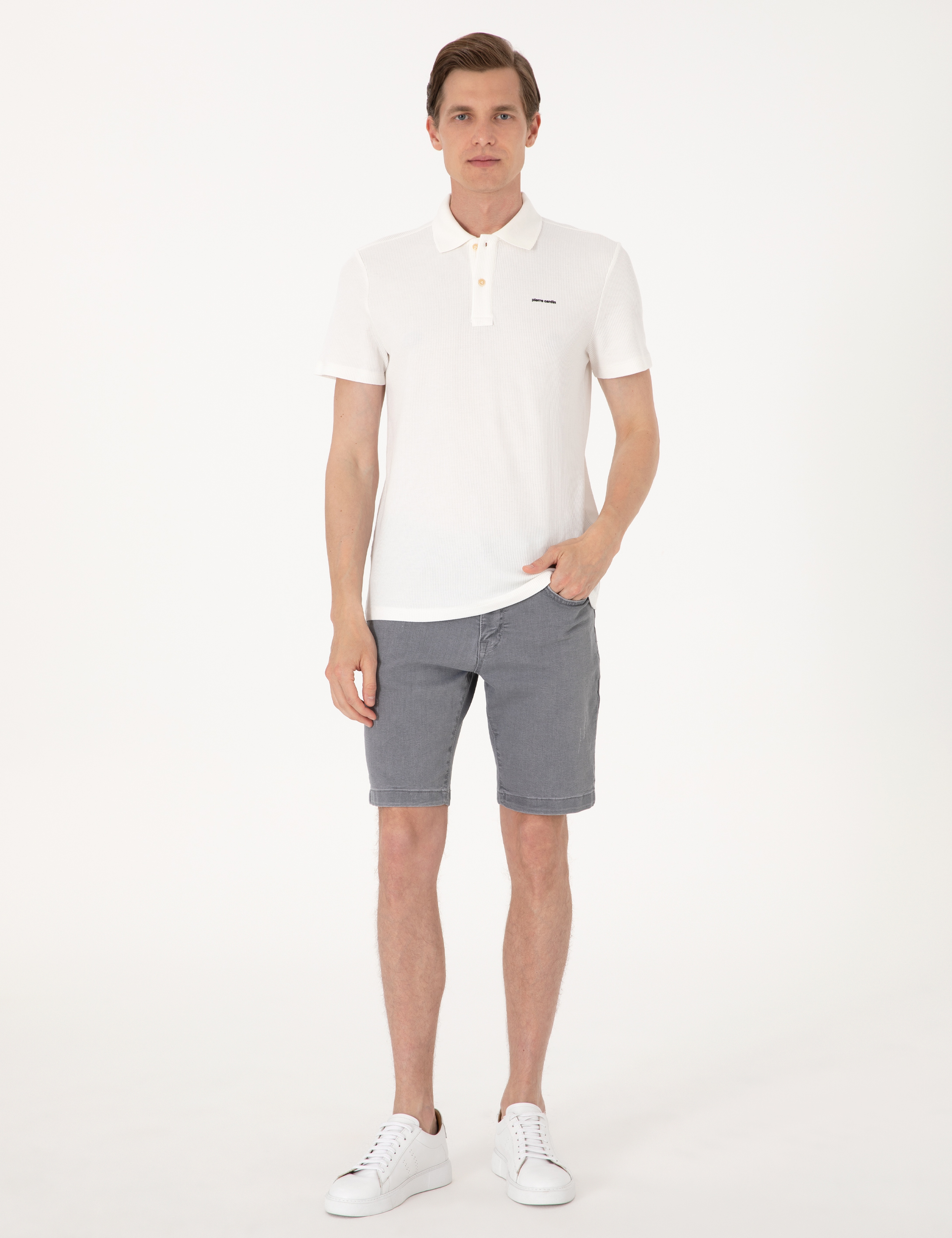 Ekru Slim Fit Örme Dokulu Polo Yaka Tişört