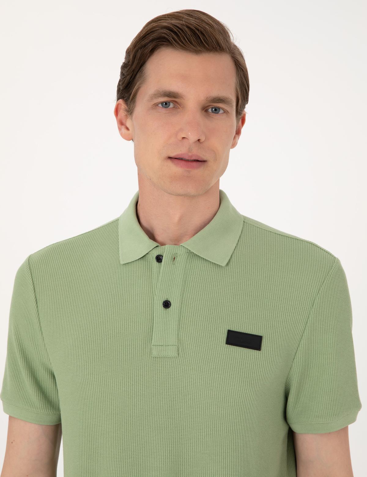 Çağla Yeşili Slim Fit Örme Dokulu Polo Yaka Tişört - 50309959046