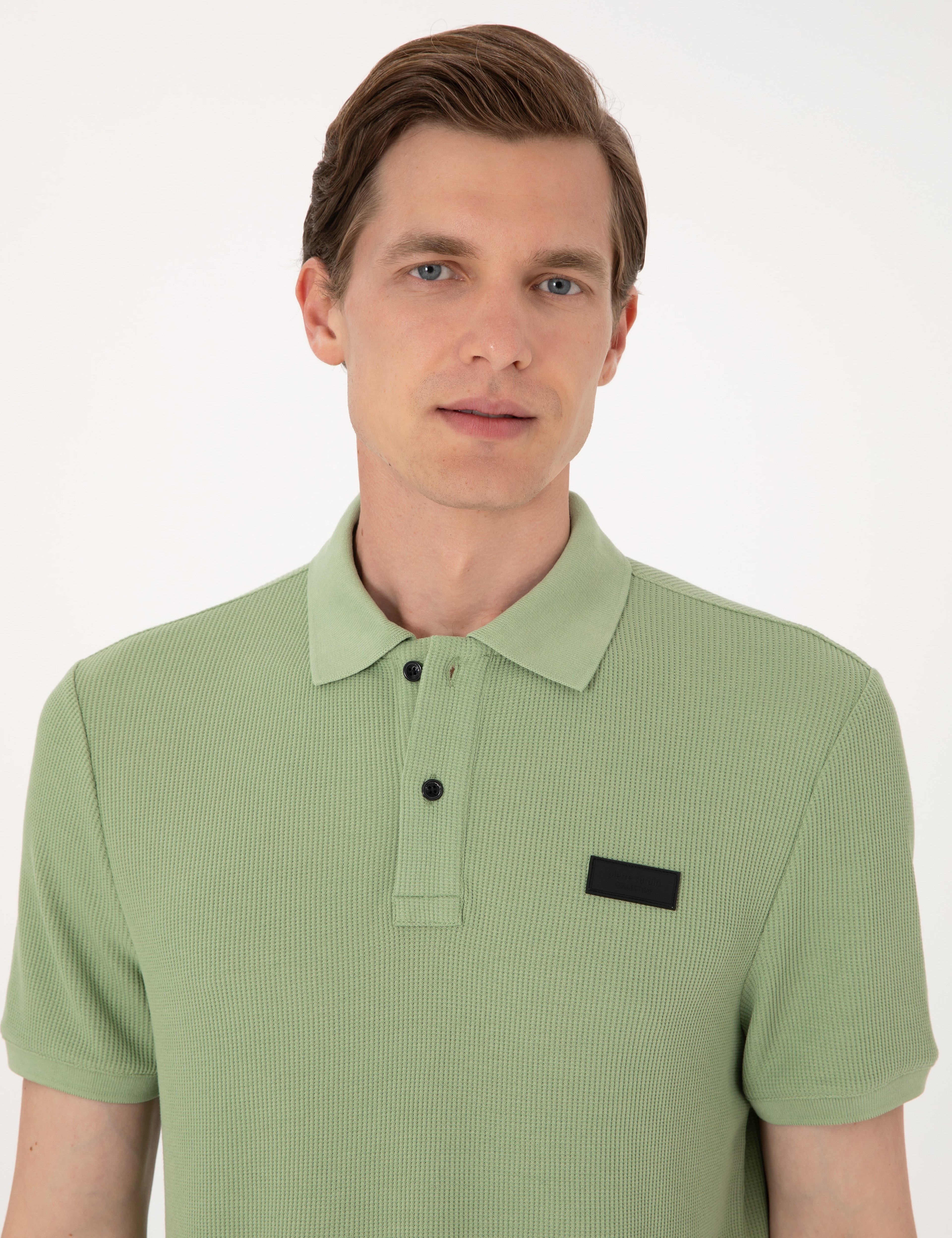 Çağla Yeşili Slim Fit Örme Dokulu Polo Yaka Tişört - Image 2