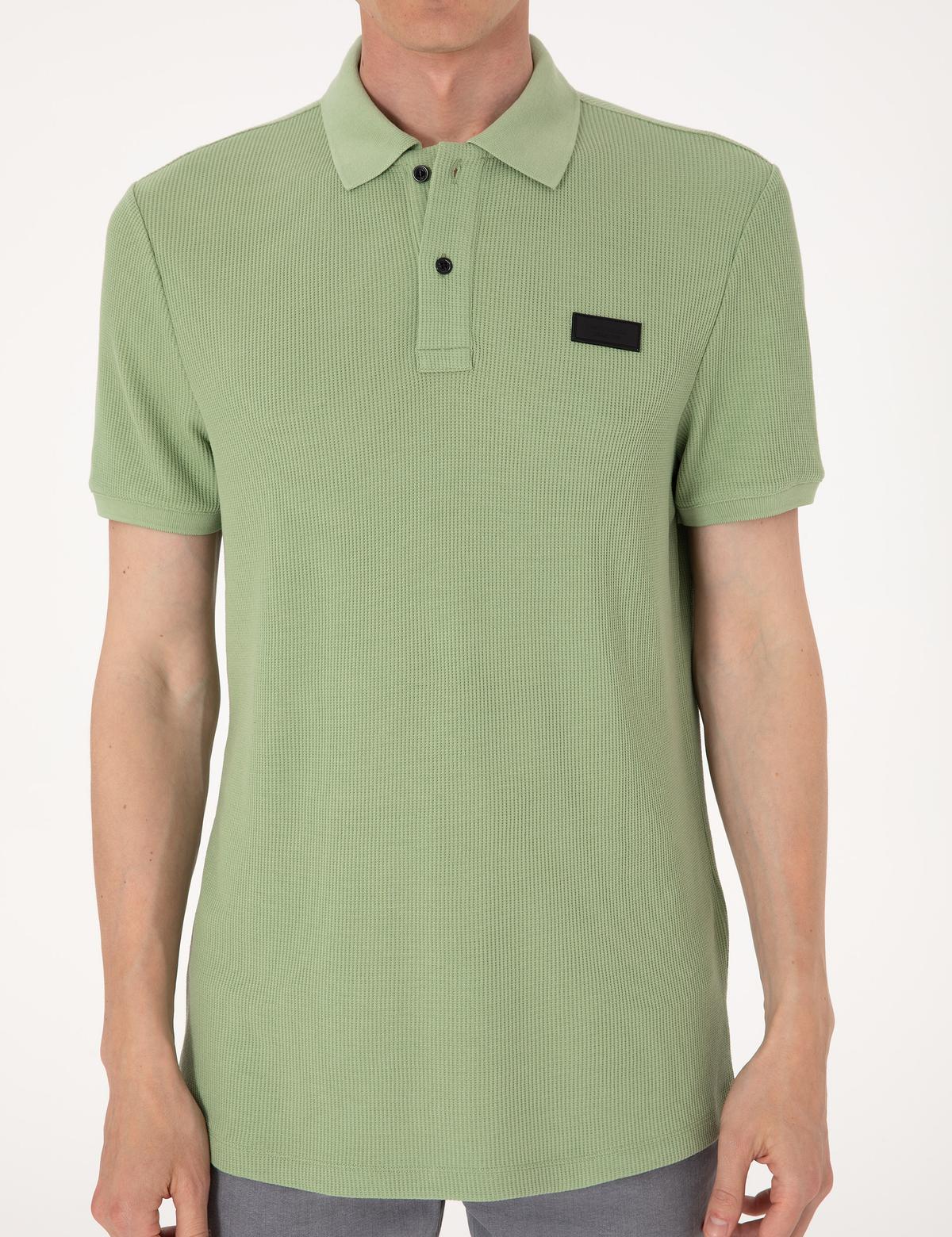 Çağla Yeşili Slim Fit Örme Dokulu Polo Yaka Tişört - 50309959046