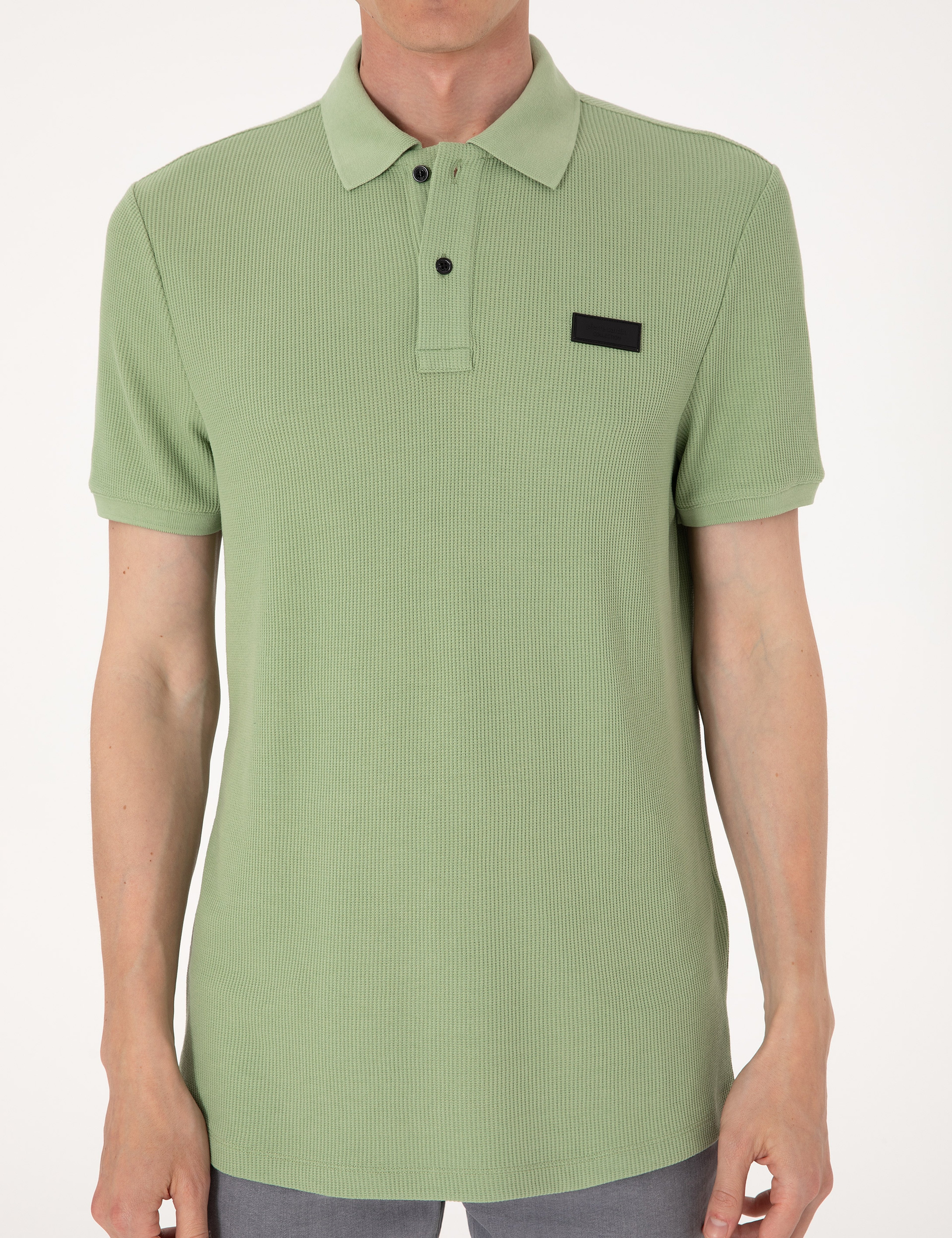 Çağla Yeşili Slim Fit Örme Dokulu Polo Yaka Tişört - Image 6
