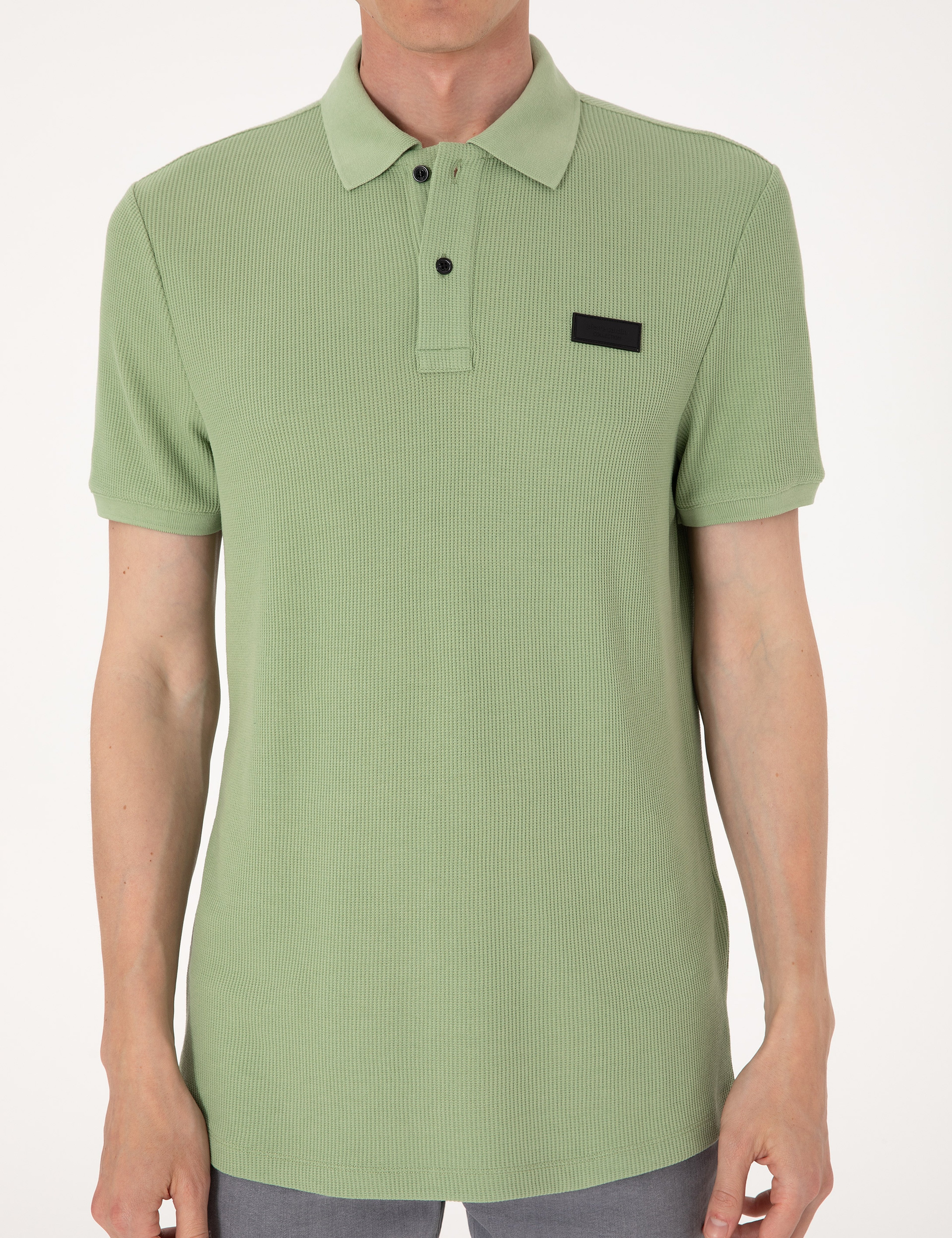 Çağla Yeşili Slim Fit Örme Dokulu Polo Yaka Tişört