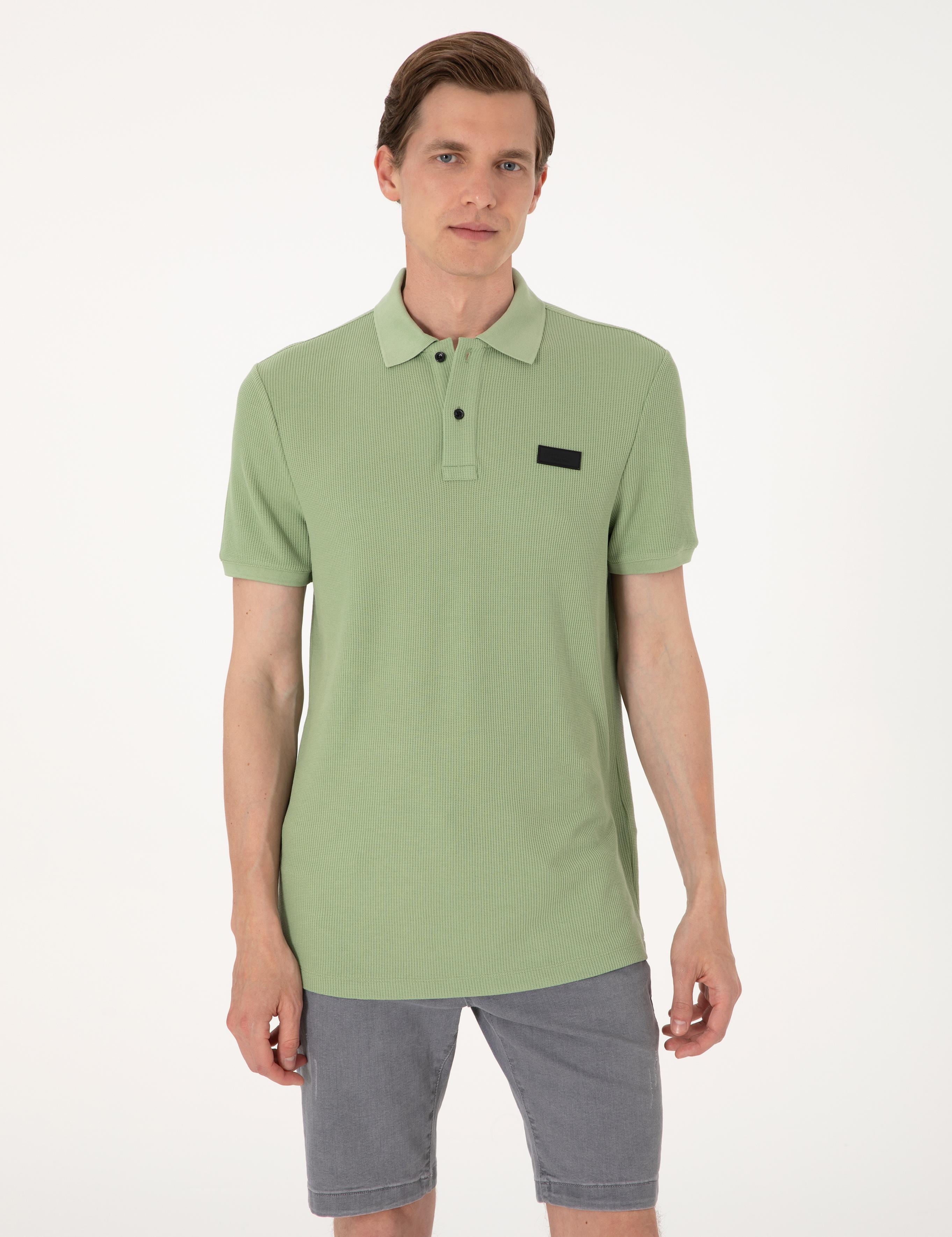 Çağla Yeşili Slim Fit Örme Dokulu Polo Yaka Tişört