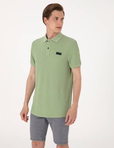 Çağla Yeşili Slim Fit Örme Dokulu Polo Yaka Tişört
