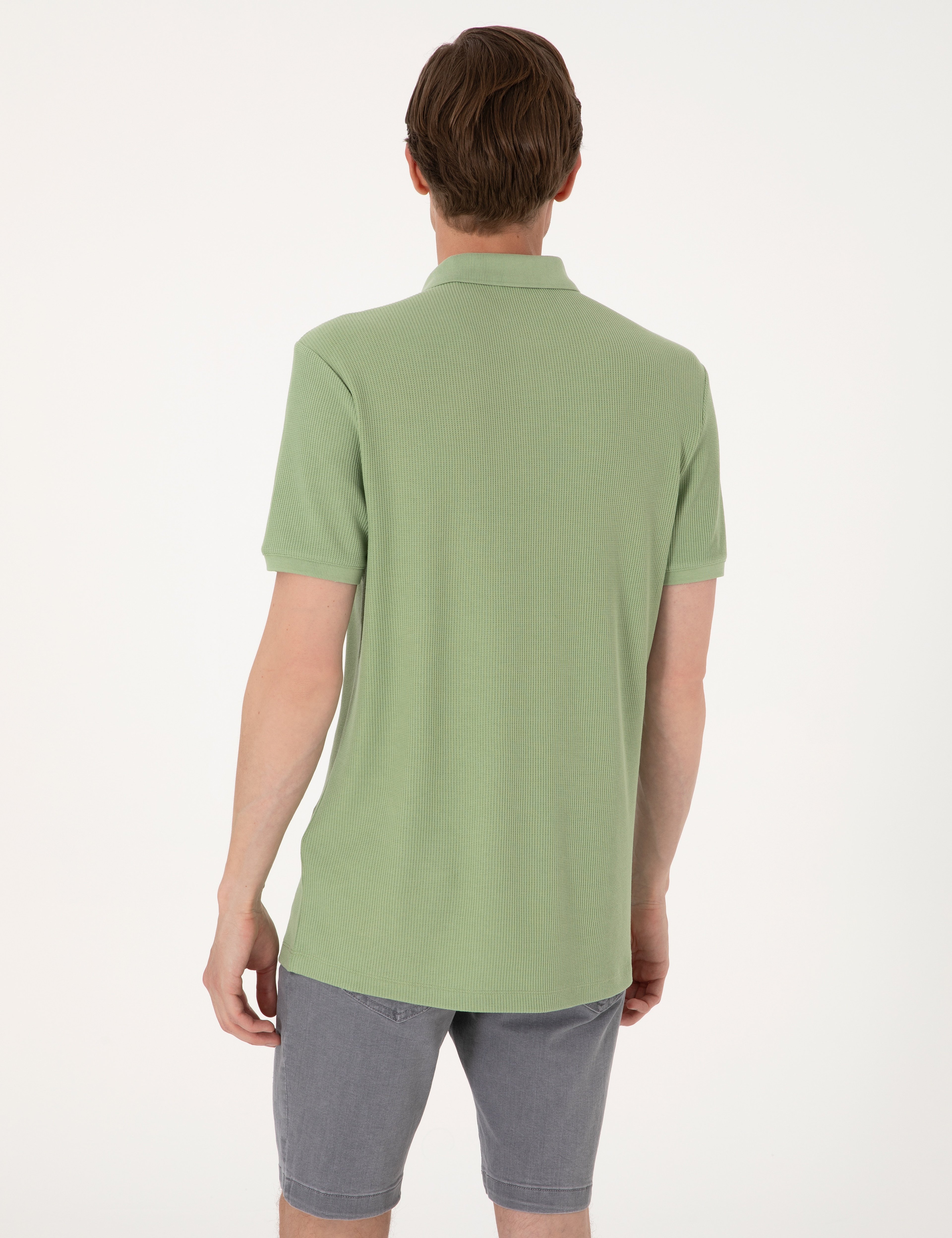 Çağla Yeşili Slim Fit Örme Dokulu Polo Yaka Tişört - Image 5