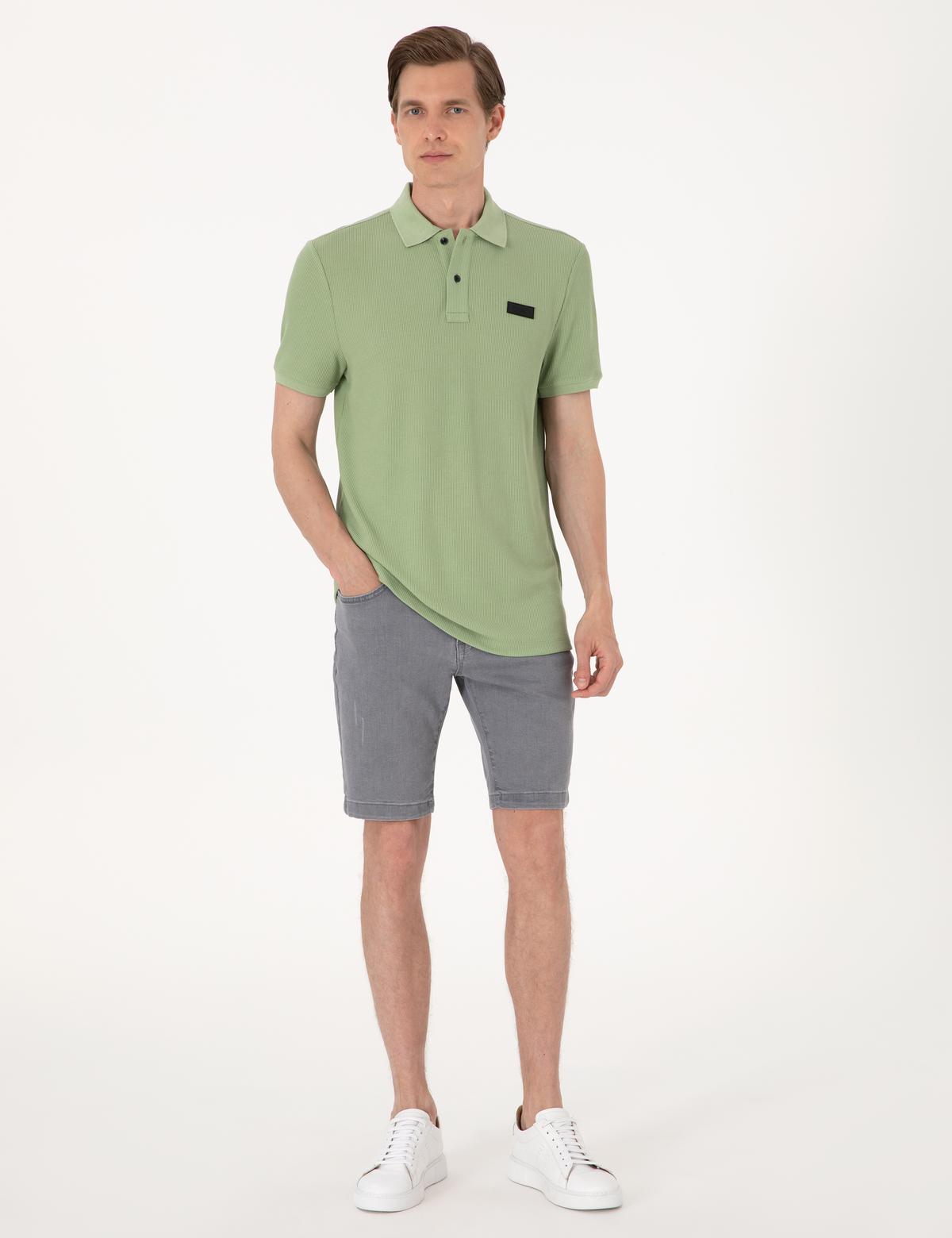 Çağla Yeşili Slim Fit Örme Dokulu Polo Yaka Tişört - 50309959046