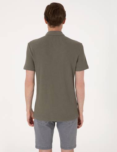 Haki Slim Fit Örme Dokulu Polo Yaka Tişört