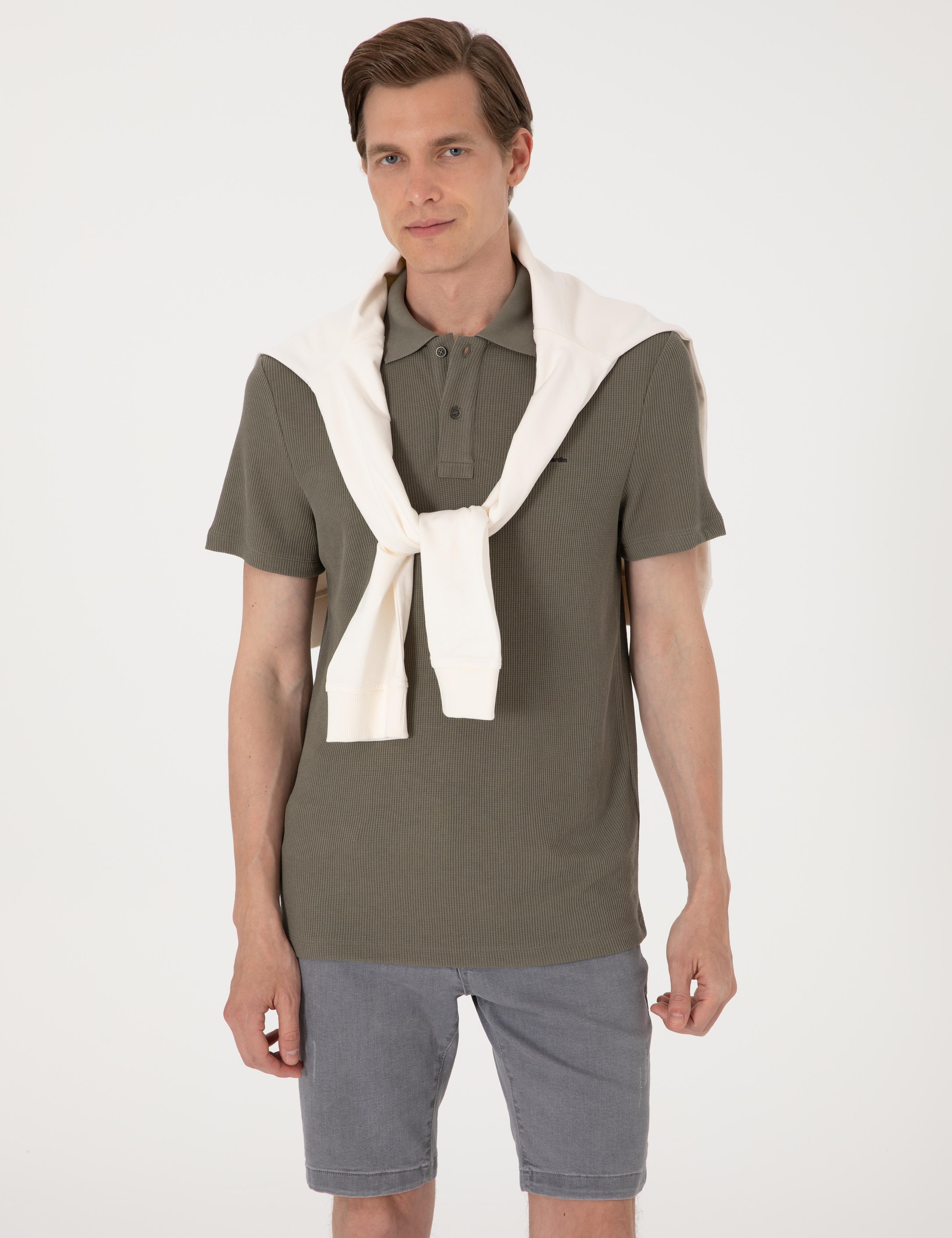 Haki Slim Fit Örme Dokulu Polo Yaka Tişört