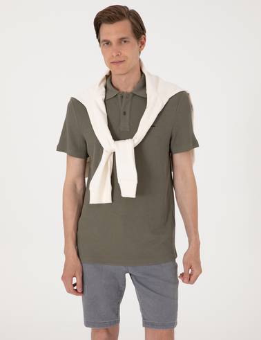 Haki Slim Fit Örme Dokulu Polo Yaka Tişört