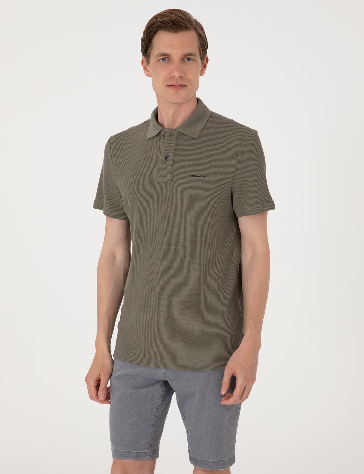 Haki Slim Fit Örme Dokulu Polo Yaka Tişört