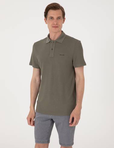 Haki Slim Fit Örme Dokulu Polo Yaka Tişört