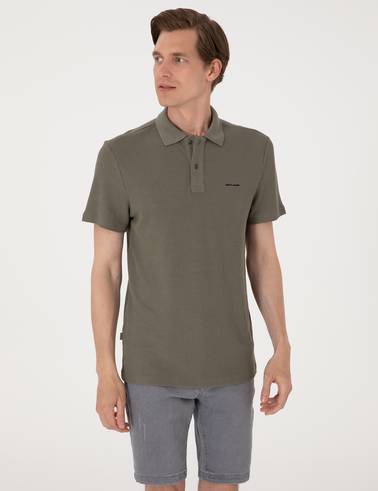 Haki Slim Fit Örme Dokulu Polo Yaka Tişört