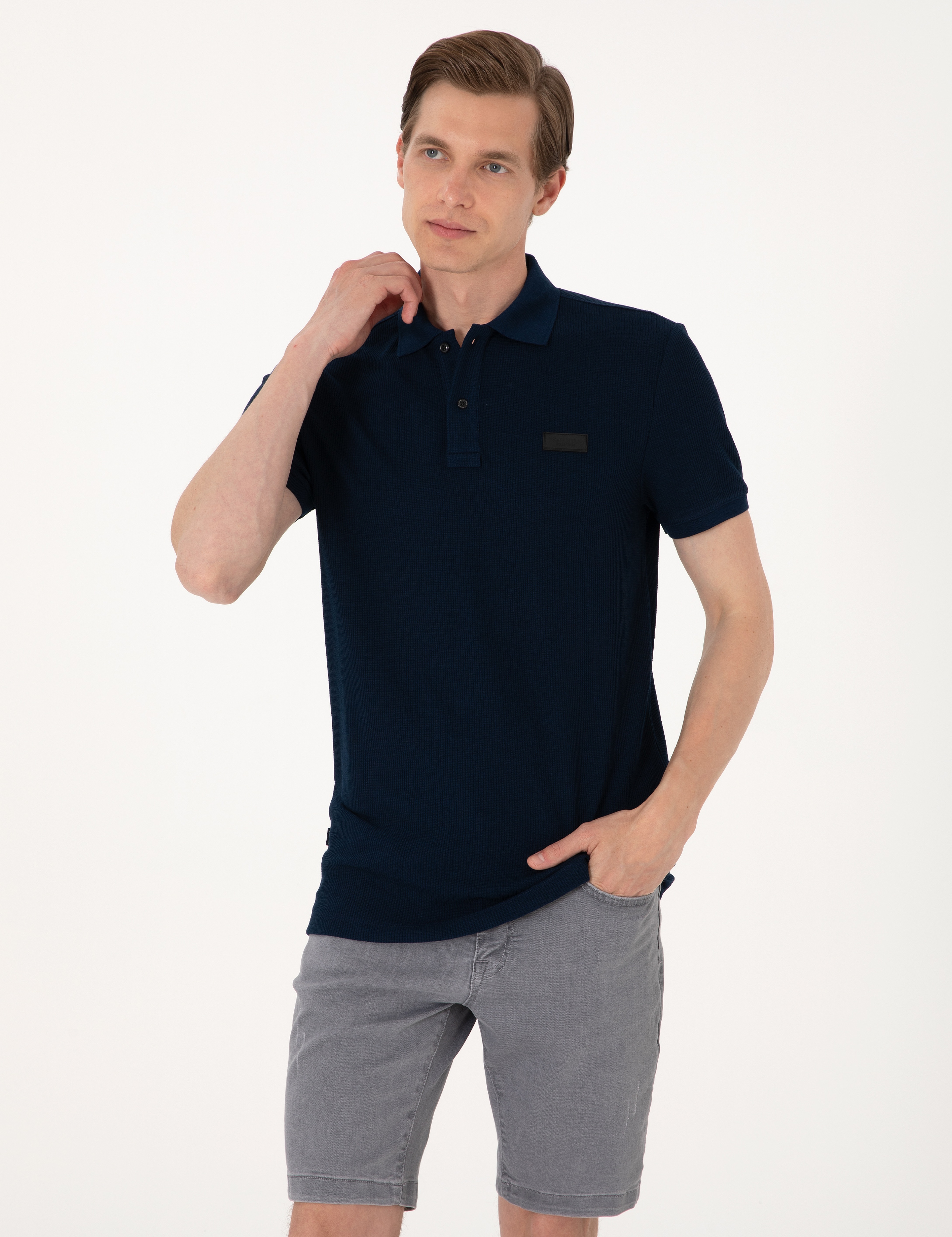 Lacivert Slim Fit Örme Dokulu Polo Yaka Tişört - Image 1