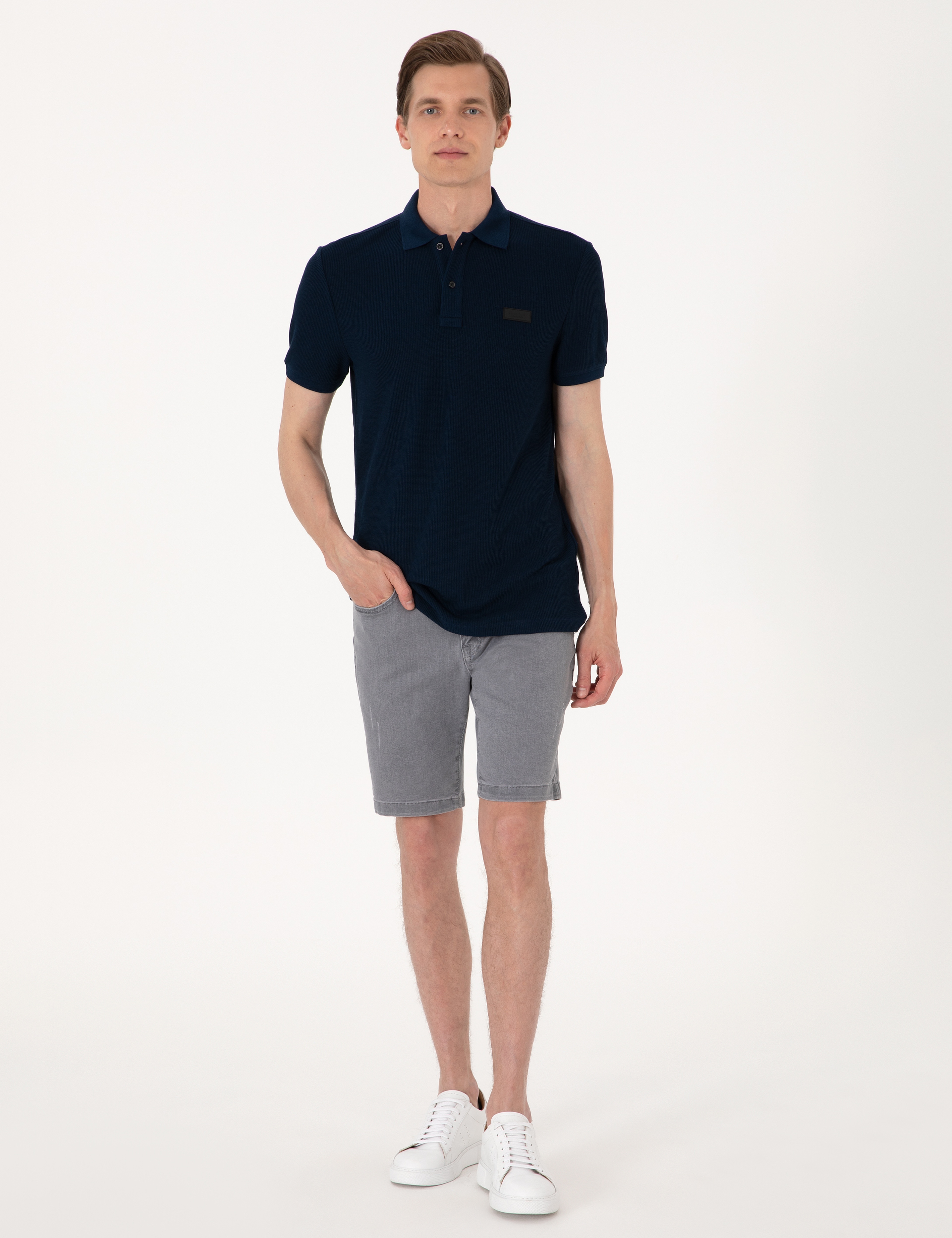 Lacivert Slim Fit Örme Dokulu Polo Yaka Tişört - Image 4