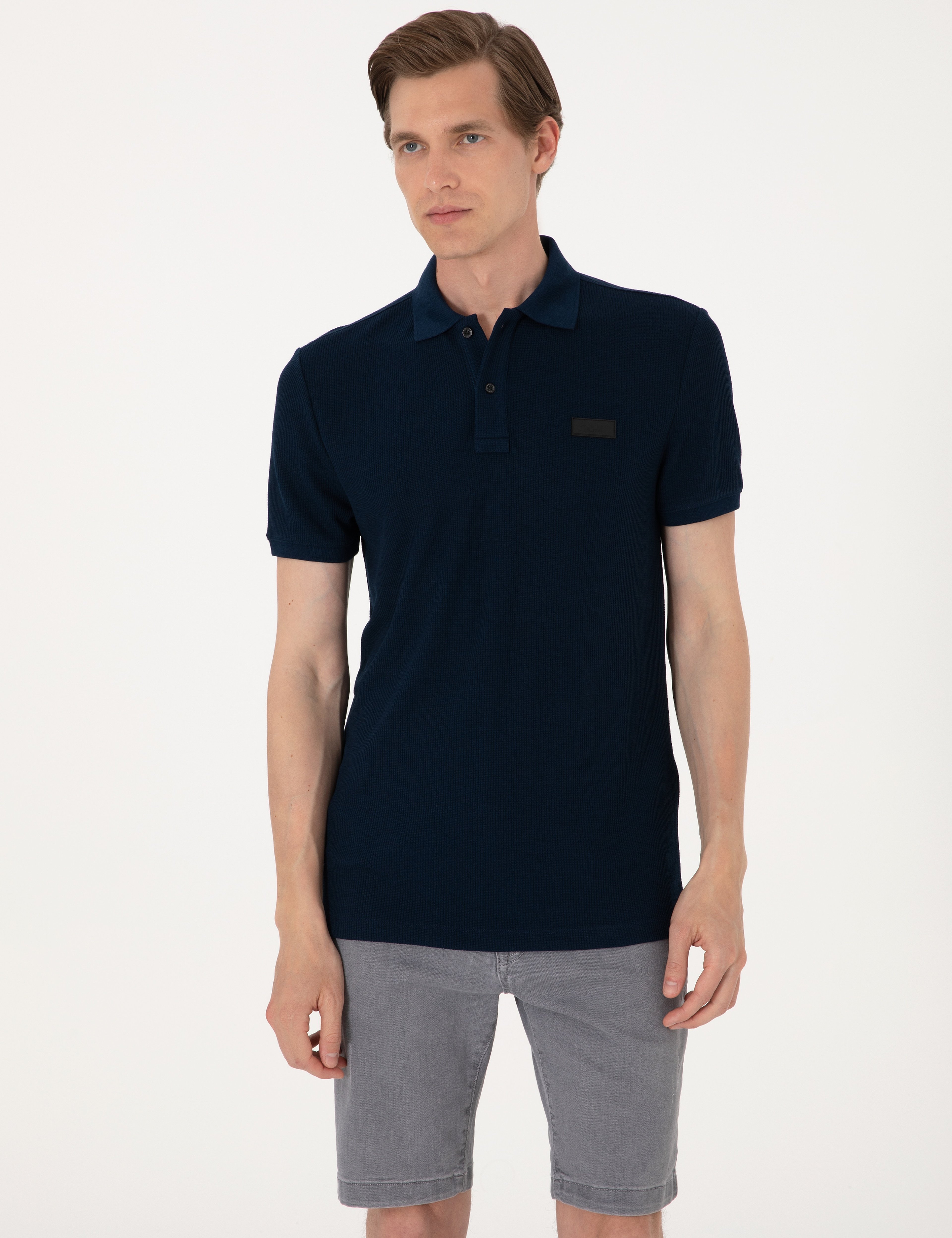 Lacivert Slim Fit Örme Dokulu Polo Yaka Tişört - Image 3