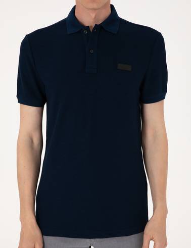 Lacivert Slim Fit Örme Dokulu Polo Yaka Tişört