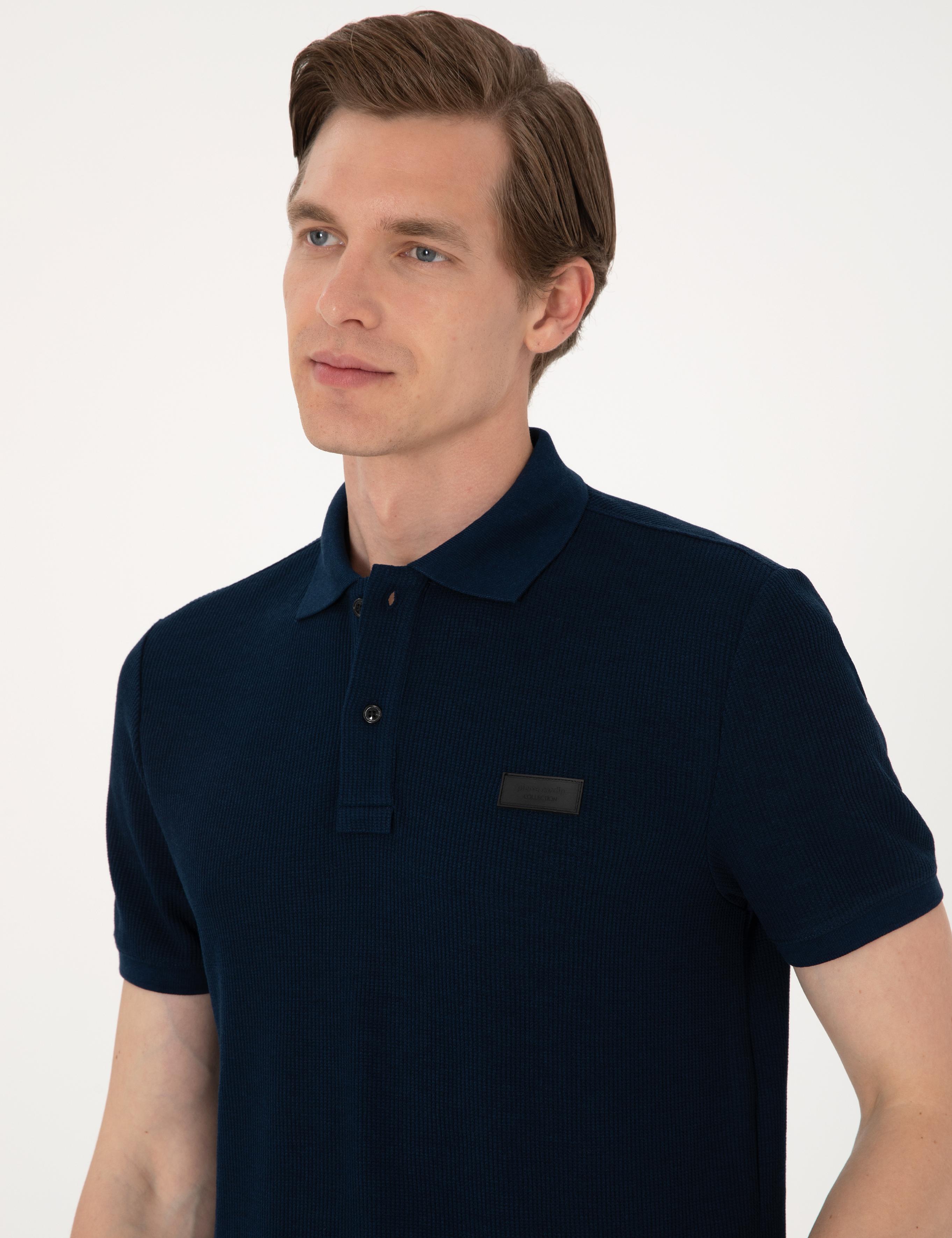 Lacivert Slim Fit Örme Dokulu Polo Yaka Tişört