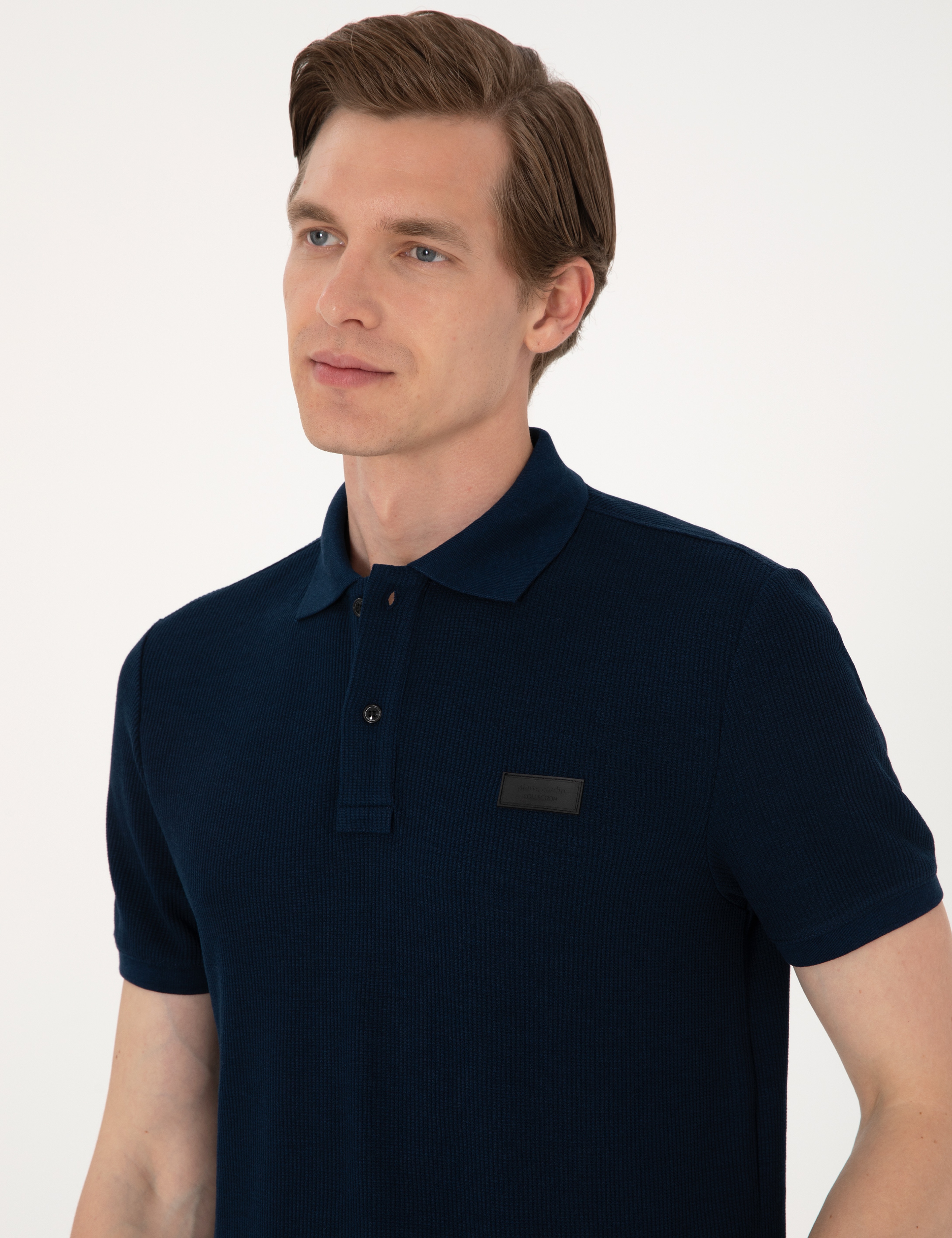 Lacivert Slim Fit Örme Dokulu Polo Yaka Tişört - Image 2