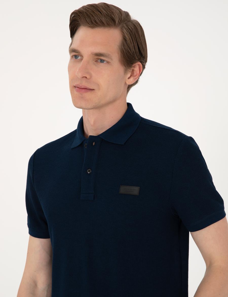 Lacivert Slim Fit Örme Dokulu Polo Yaka Tişört