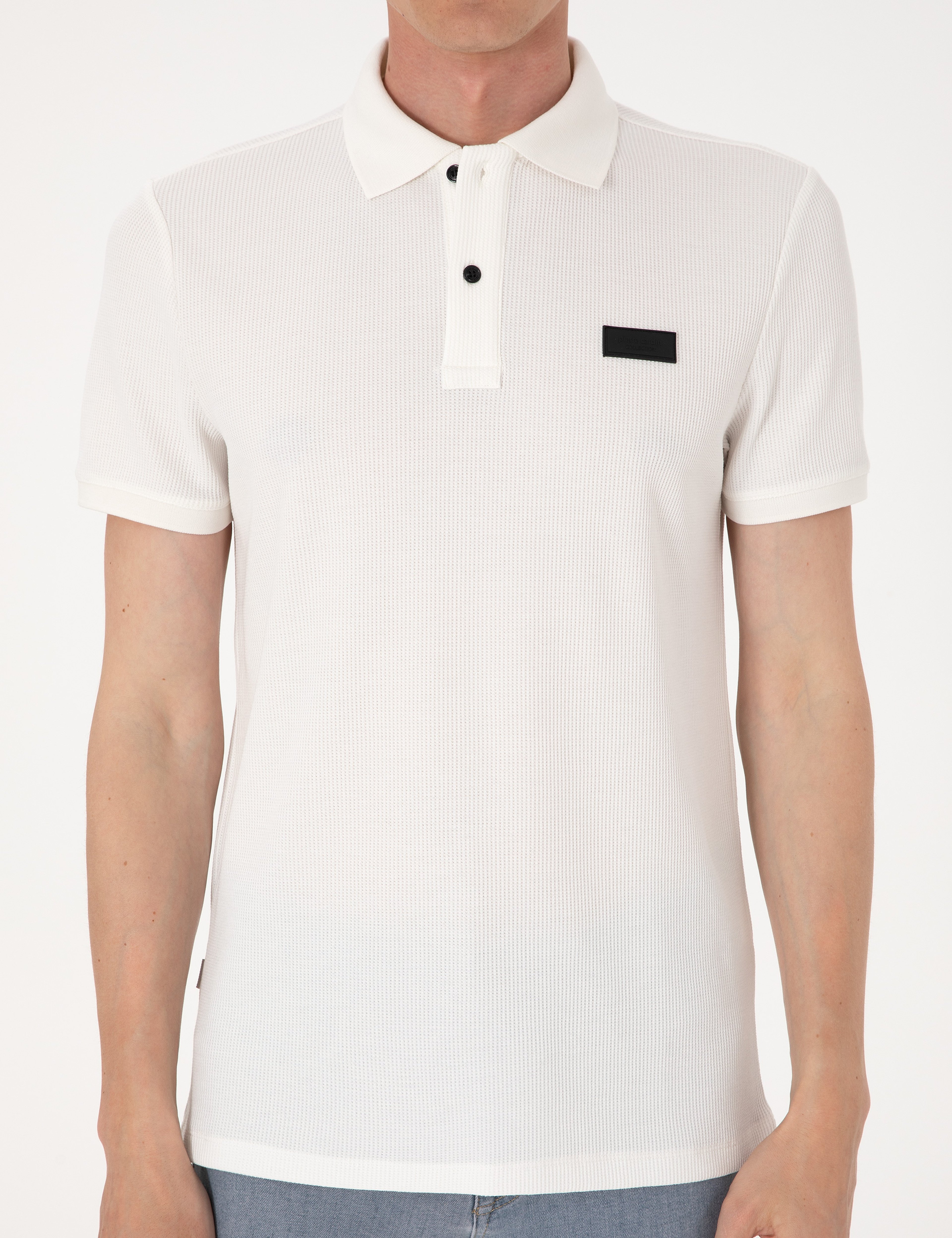 Beyaz Slim Fit Örme Dokulu Polo Yaka Tişört - Image 6