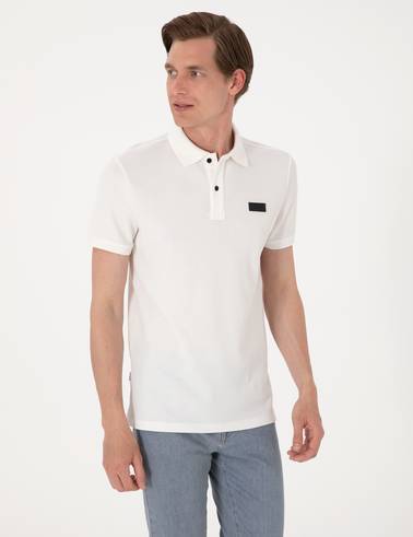 Beyaz Slim Fit Örme Dokulu Polo Yaka Tişört
